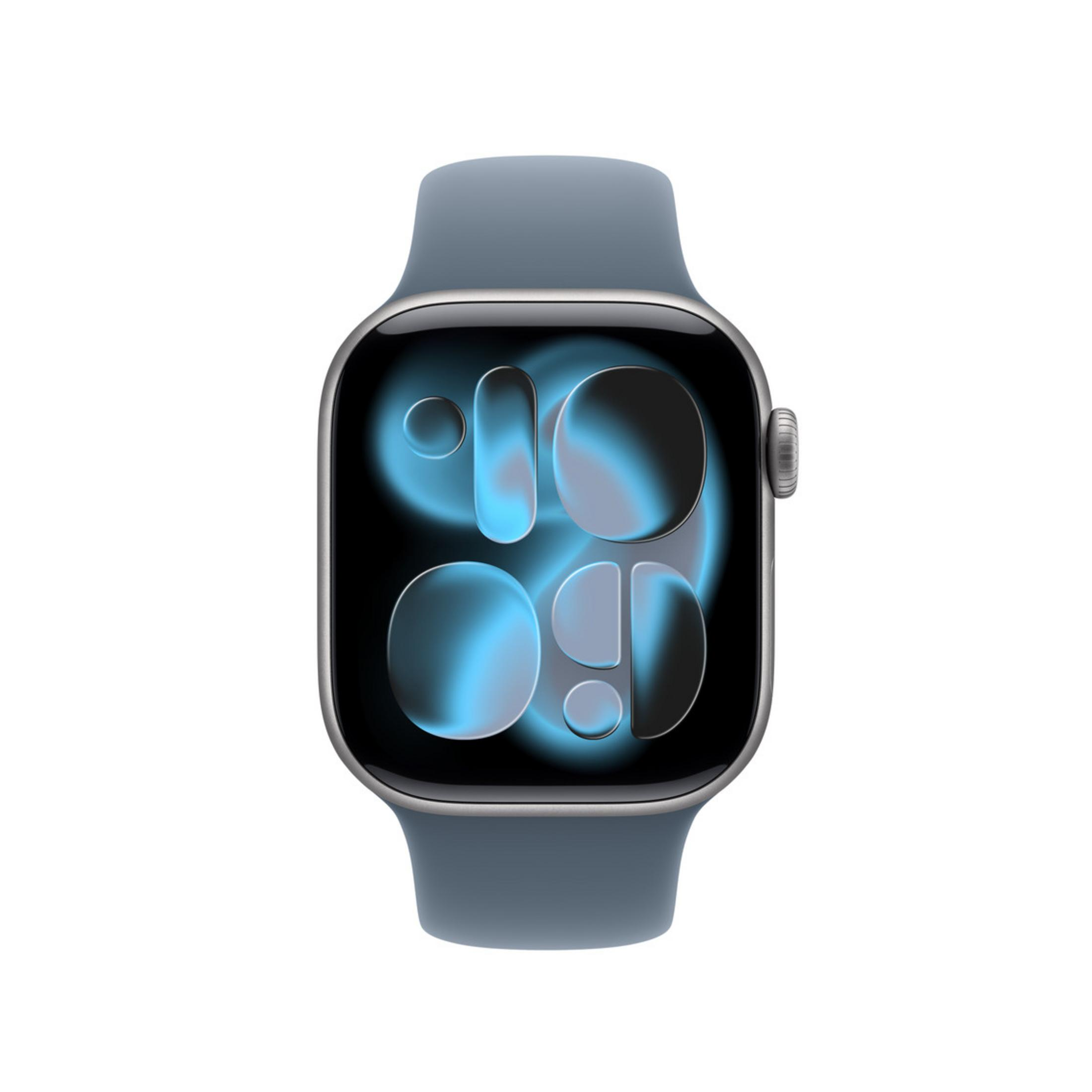 Primer plano de un reloj inteligente con una correa azul. La esfera muestra la hora con formas abstractas azules.