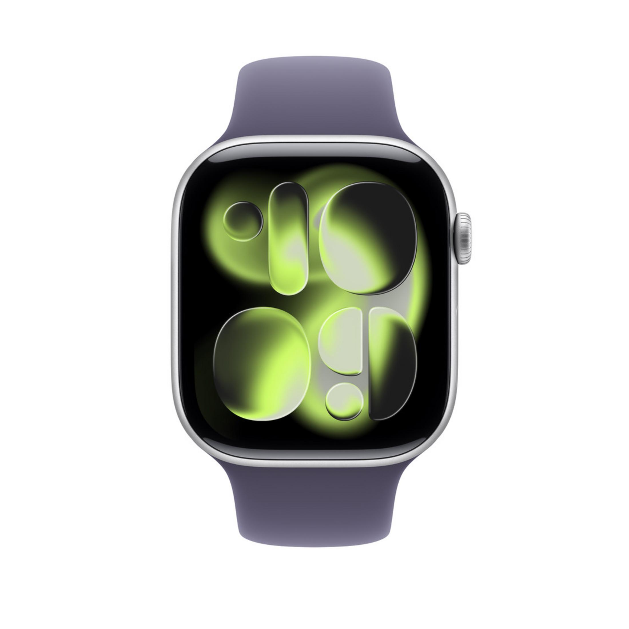 Primo piano di uno smartwatch con cinturino viola. Lo schermo mostra forme luminose verdi e nere.