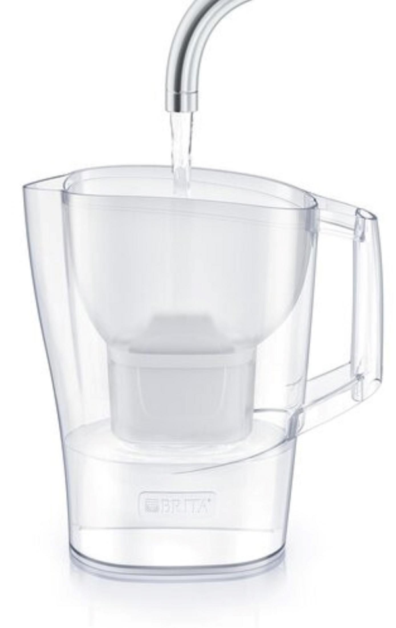 Una caraffa filtrante Brita trasparente viene riempita d'acqua da un rubinetto argentato. L'acqua viene versata nella caraffa.