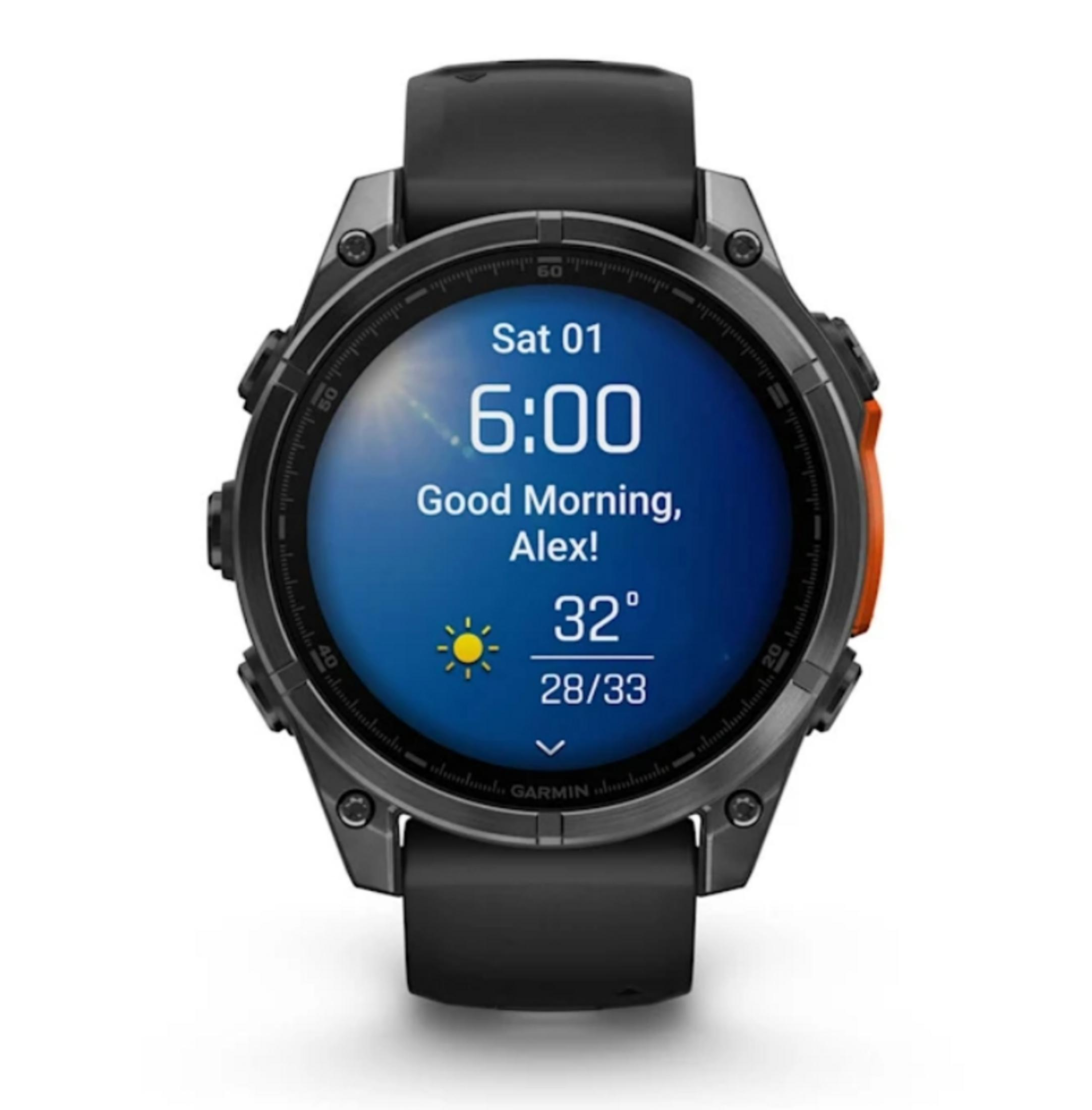 Un reloj inteligente Garmin muestra la hora, la fecha y el clima. Tiene una correa y bisel negros con un acento naranja.