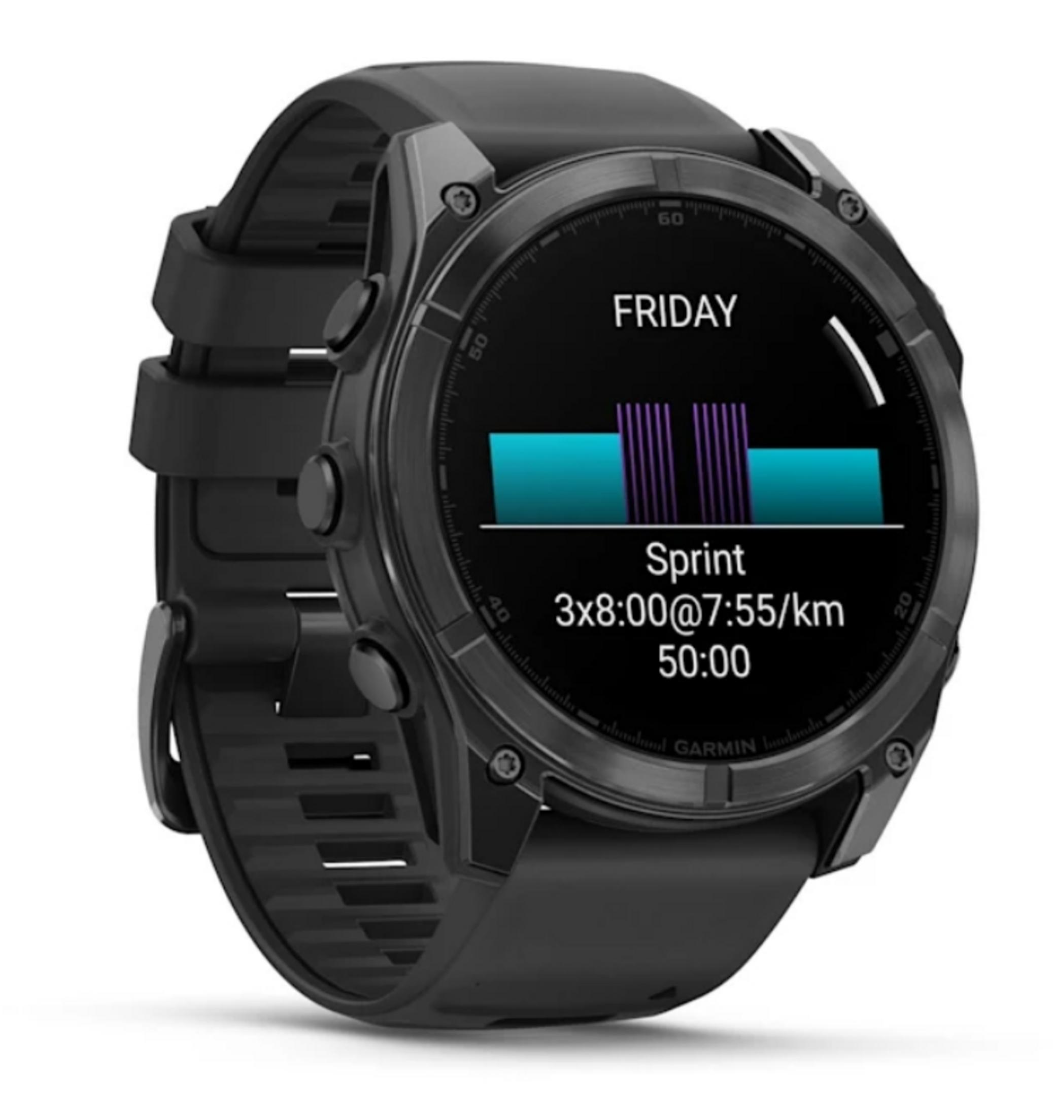 Reloj inteligente negro que muestra 'Viernes', detalles de sprint y tiempo. Cuenta con una correa y bisel negros. La pantalla muestra datos.