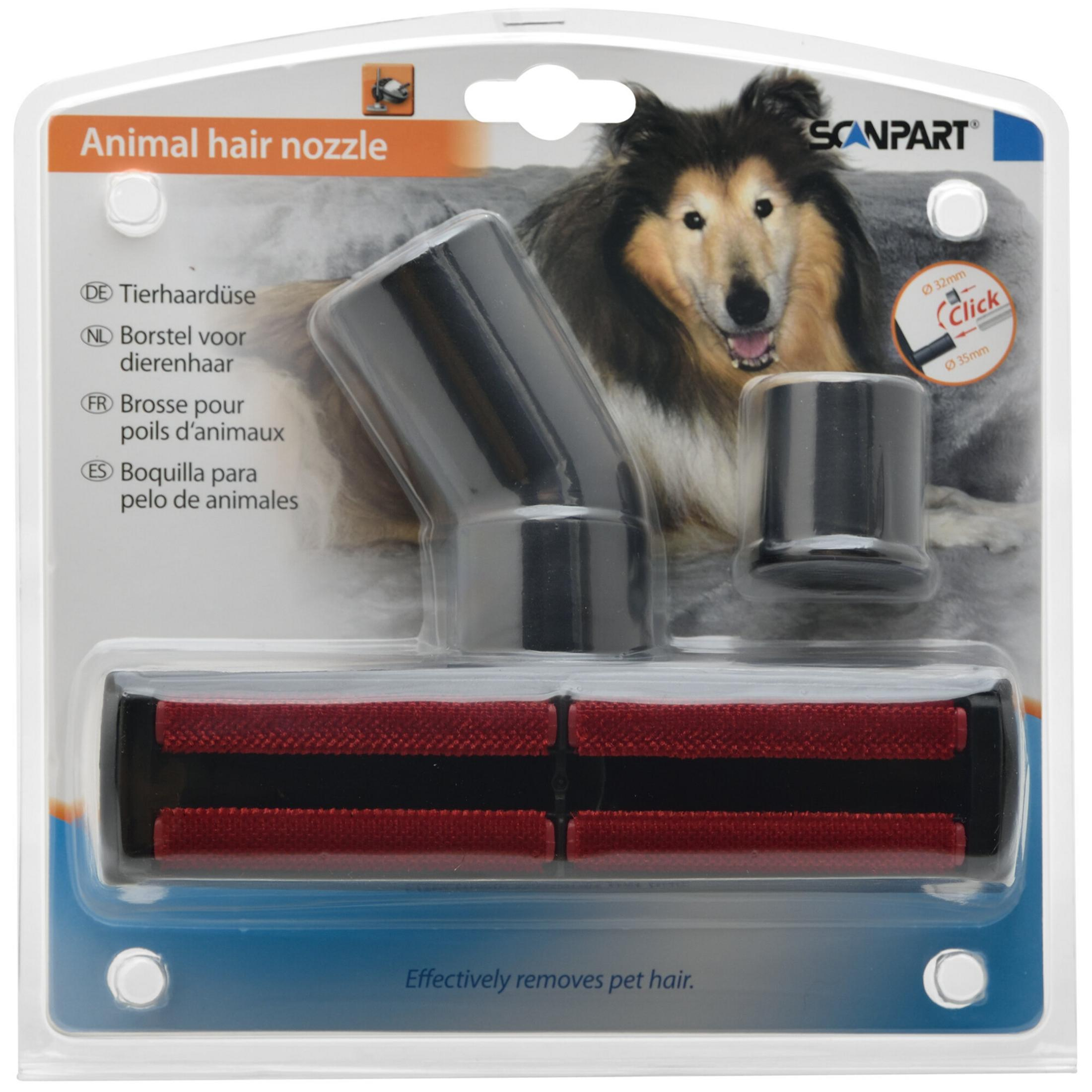 Staubsaugeraufsatz für Tierhaare. Schwarze und rote Teile in einer Plastikverpackung. Hundeabbildung im Hintergrund.