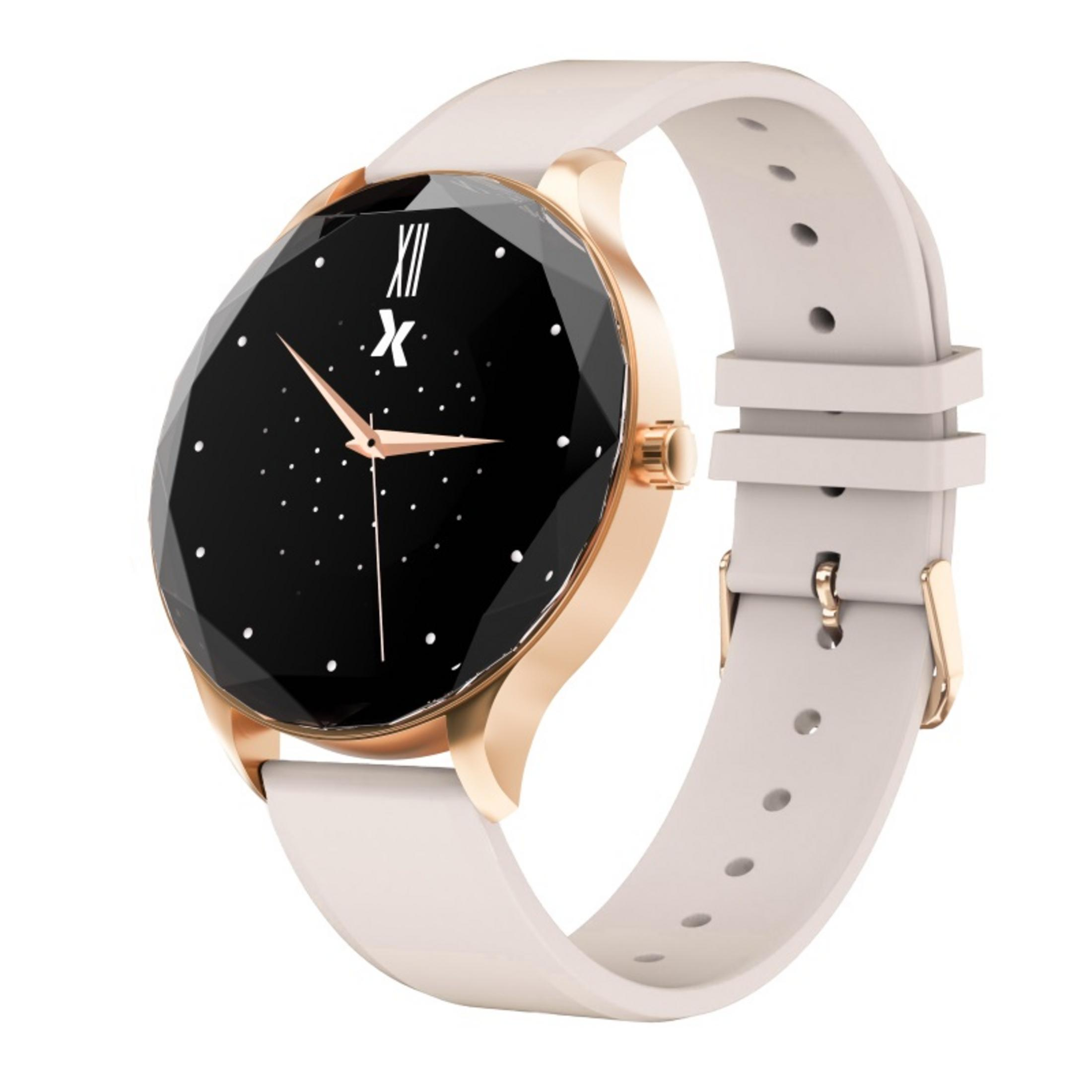 Eine roségoldene Smartwatch mit einem schwarzen, facettierten Zifferblatt. Das Armband ist weiß mit goldener Schließe.