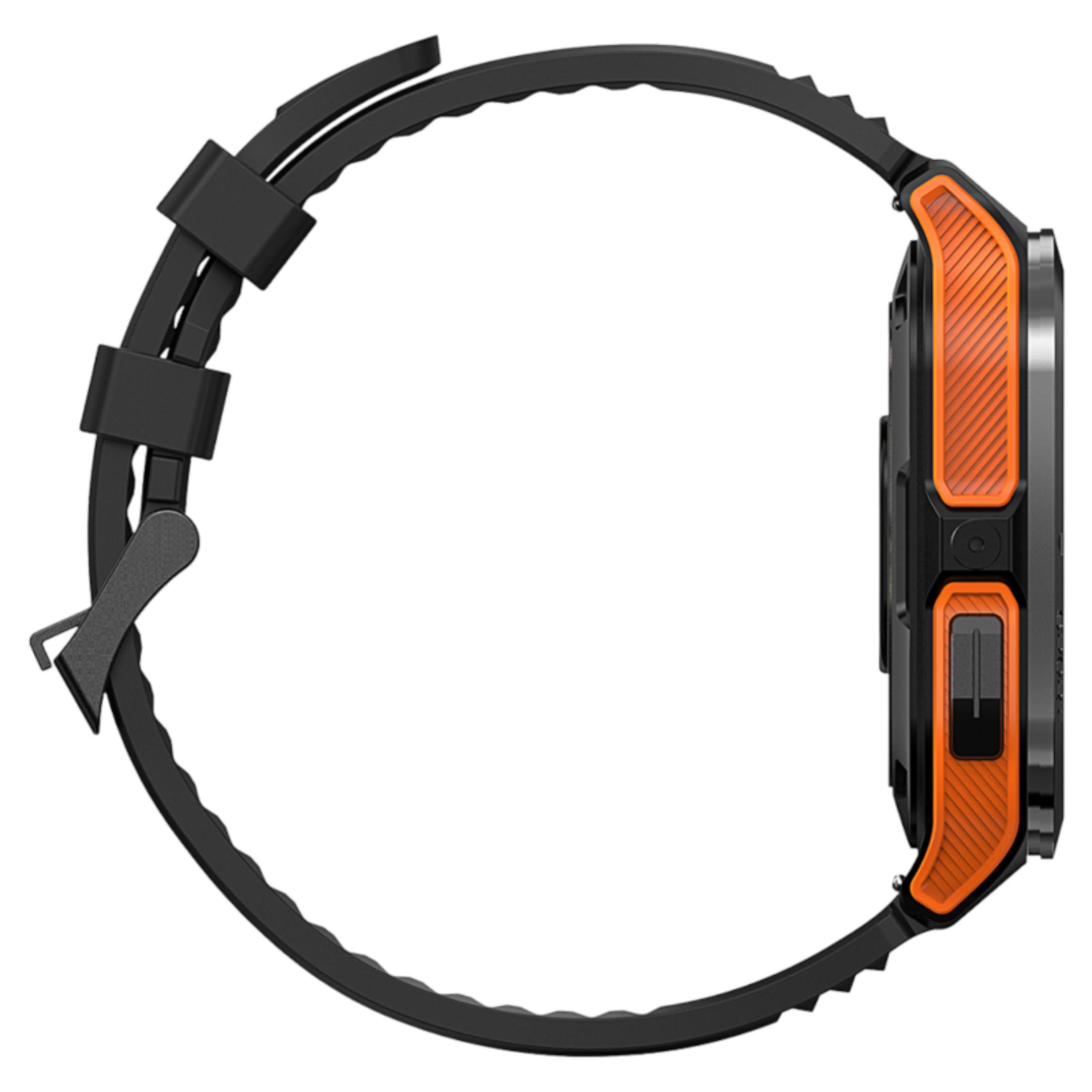 Seitenansicht einer schwarzen Smartwatch mit orangefarbener strukturierter Lünette. Das Armband ist schwarz und gebogen, mit einem Verschluss.