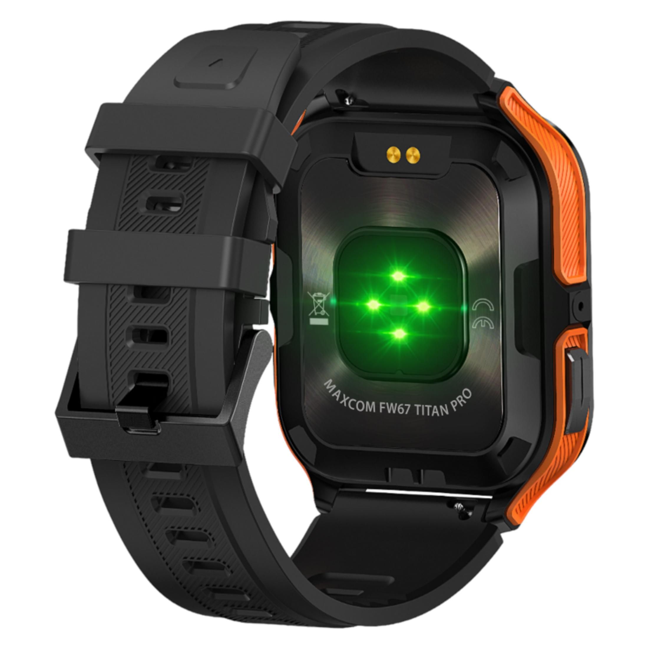 Eine schwarze Smartwatch mit orangefarbenen Akzenten. Die Rückseite zeigt grüne Lichter. Das Armband ist schwarz.