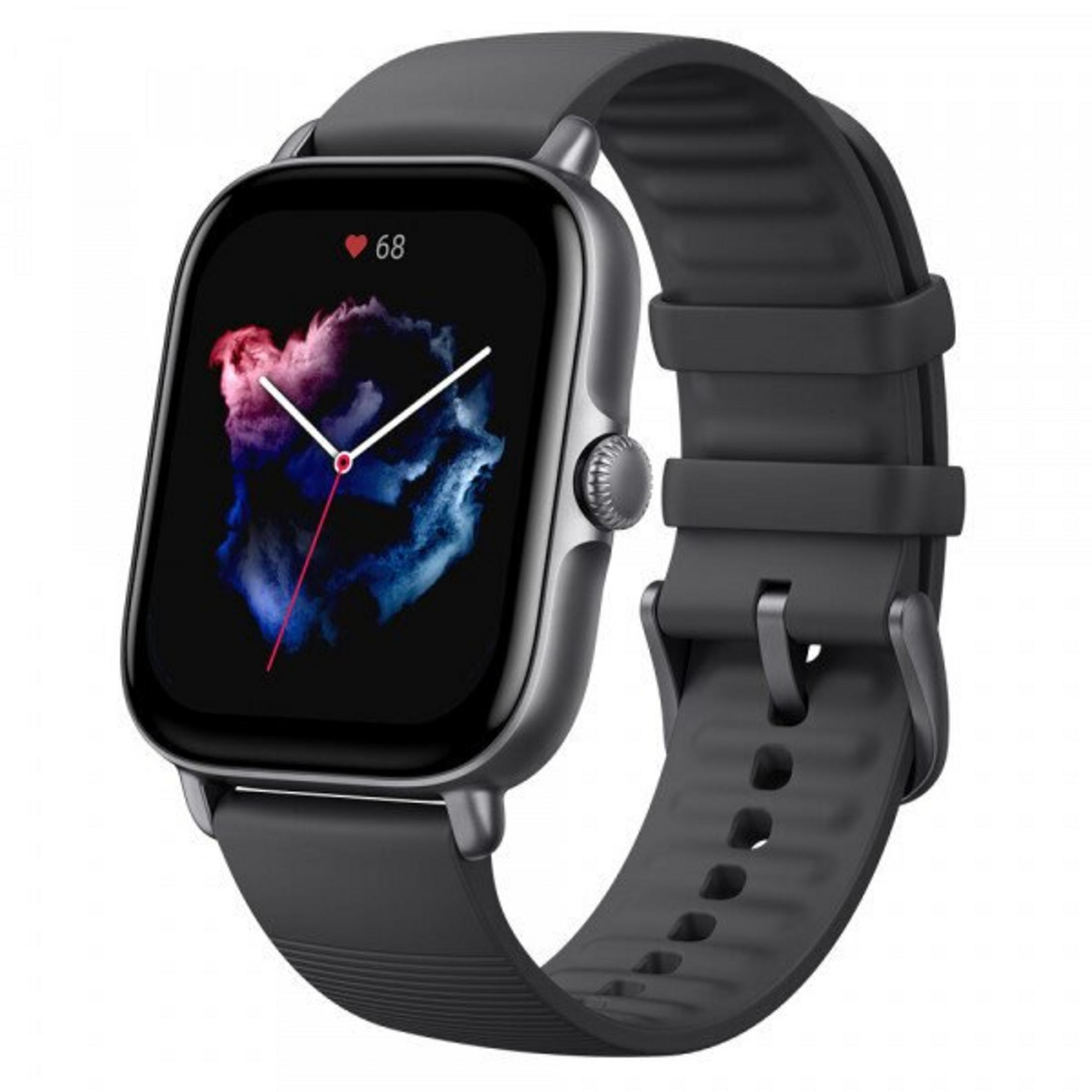 Un reloj inteligente gris oscuro con una pantalla negra que muestra una imagen colorida. El reloj tiene una correa a juego.