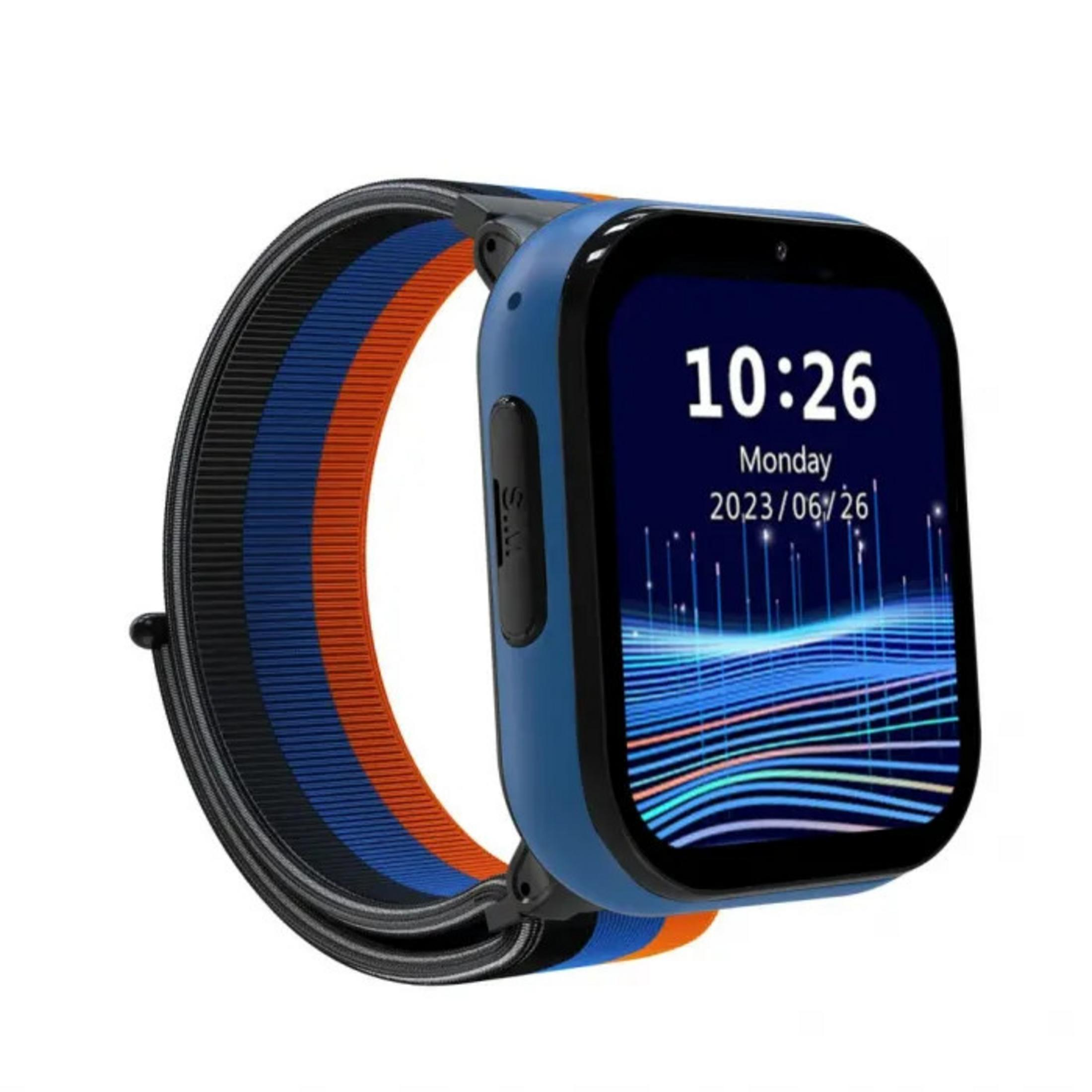 Niebieski smartwatch wyświetla godzinę 10:26 w poniedziałek 26 czerwca 2023 r. Posiada paskiem w paski czarno-niebiesko-pomarańczowe.