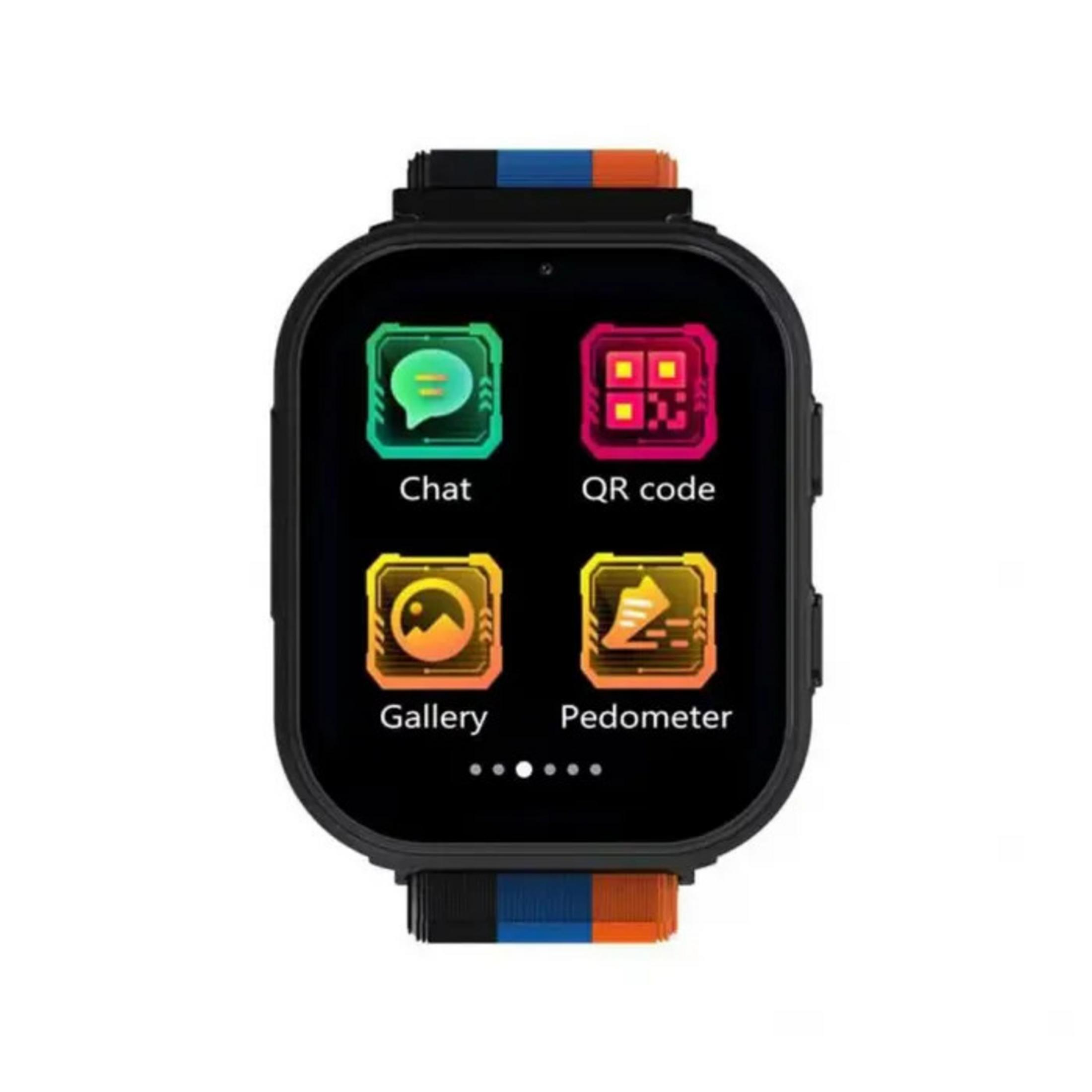 Czarny smartwatch z wielokolorowym paskiem. Wyświetlacz pokazuje ikony czatu, kodu QR, galerii i krokomierza.
