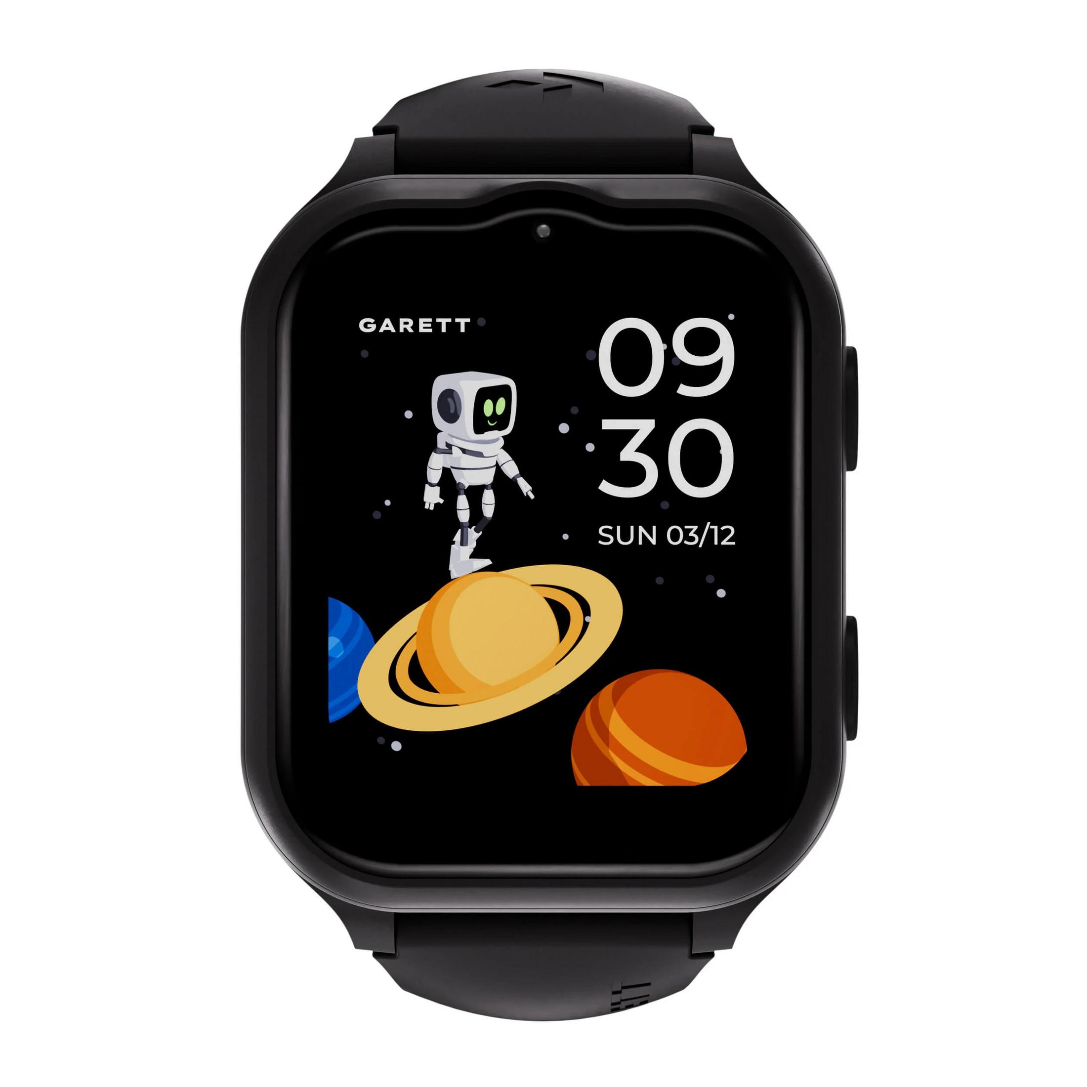 Smartwatch nero con un robot sullo schermo. Lo schermo mostra un orologio e pianeti.