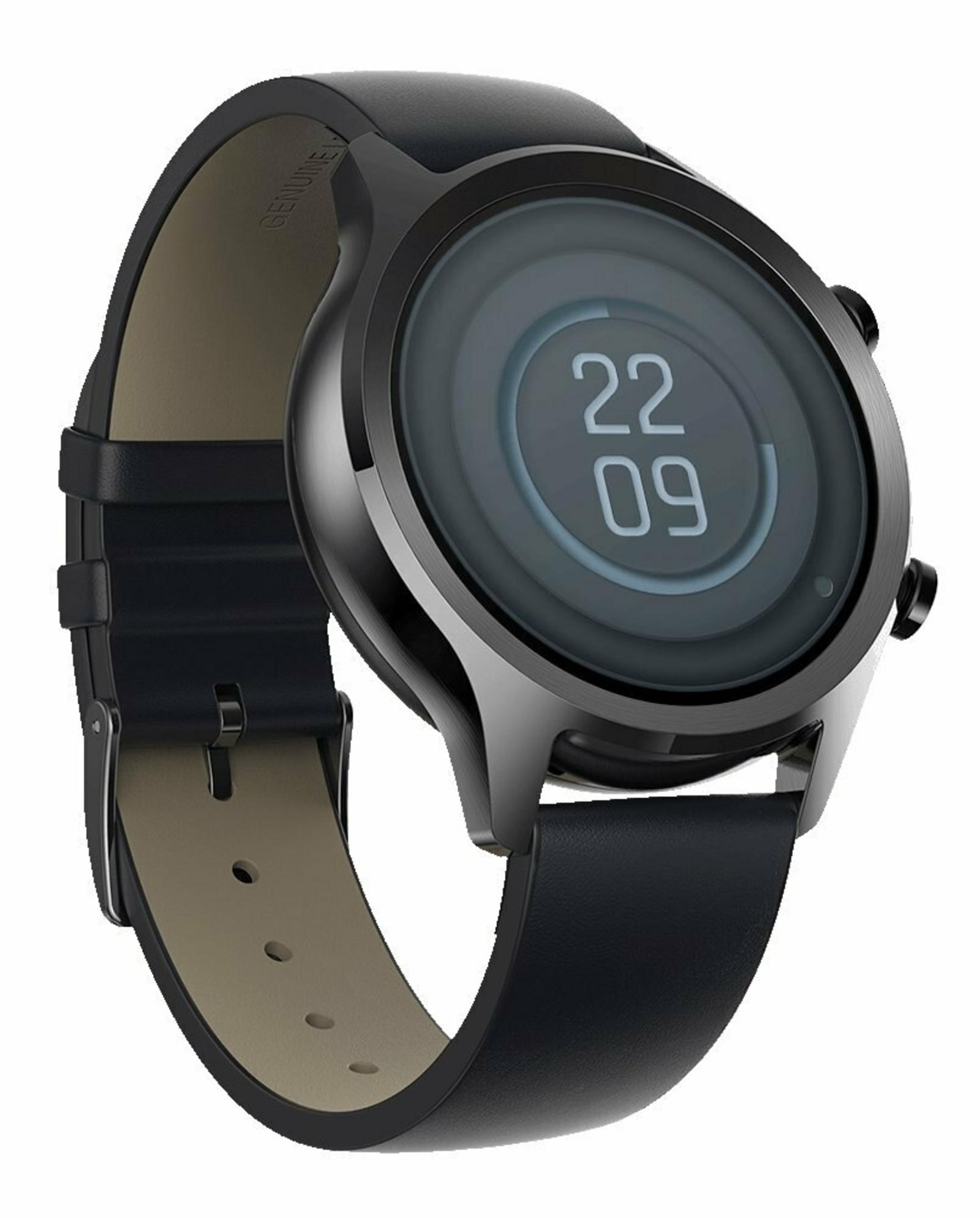 Un reloj inteligente negro con pantalla redonda que muestra 22:09. Tiene una correa de cuero negro y una caja de metal plateado.