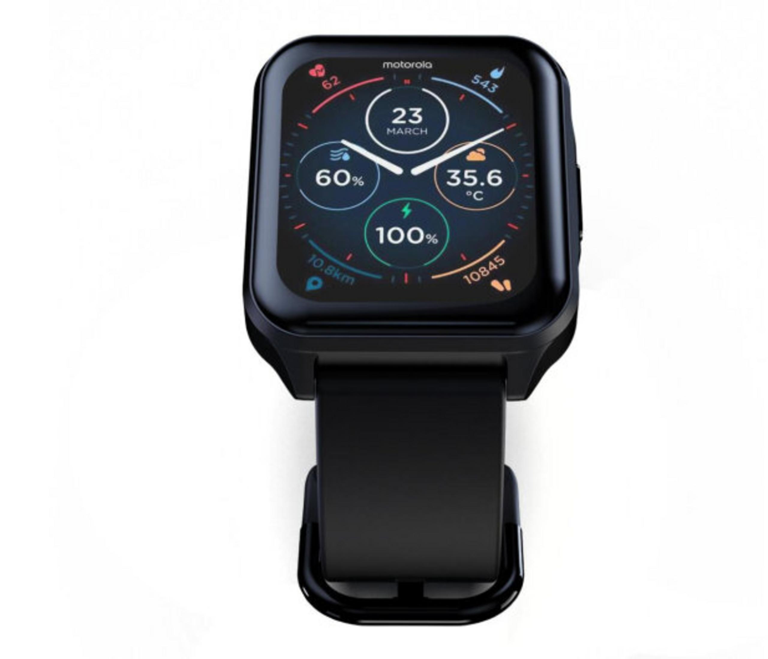 Un reloj inteligente Motorola negro muestra datos: fecha, estadísticas de salud y hora. La correa también es negra.