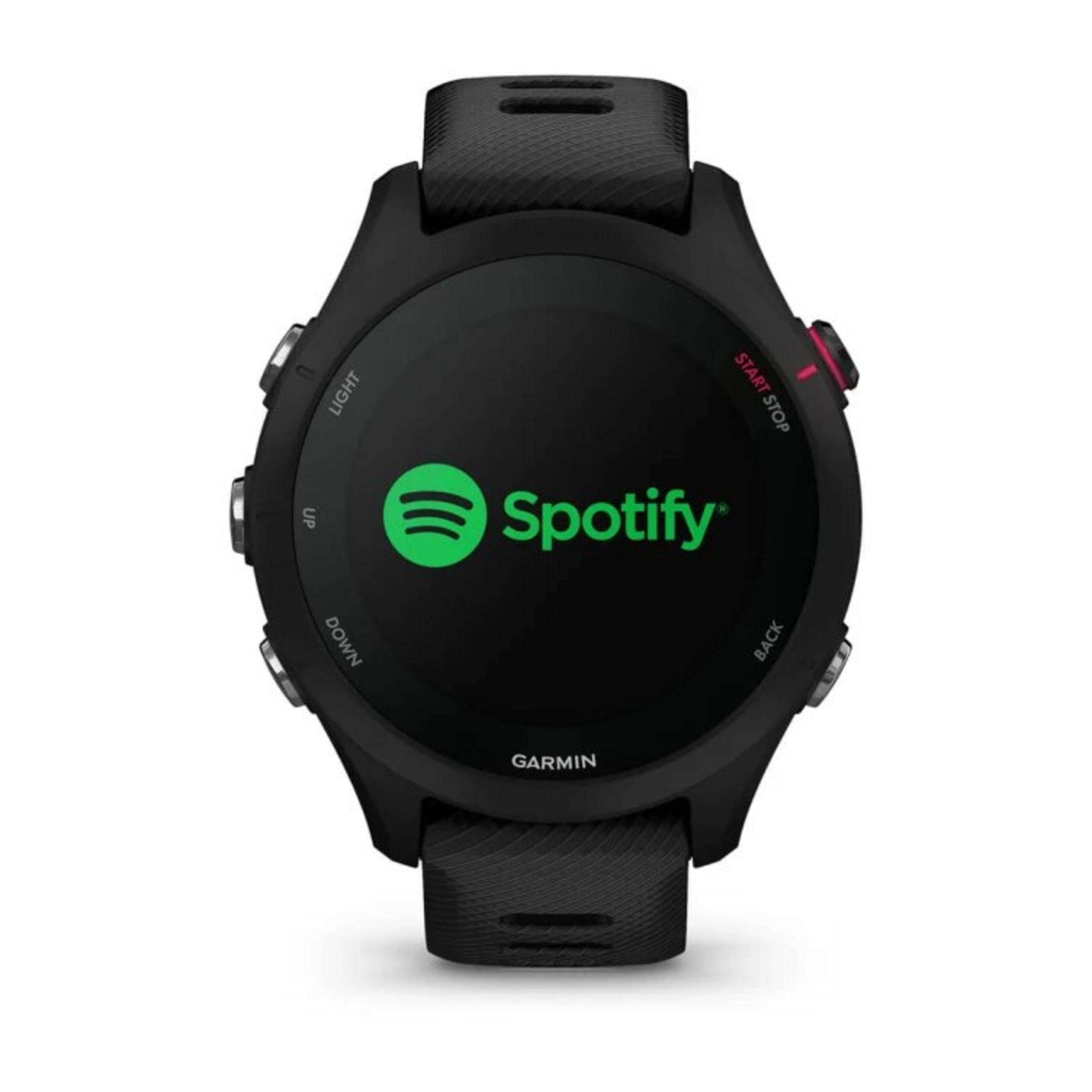 Schwarze Garmin-Smartwatch mit Spotify-Logo auf dem Bildschirm. Hat Knöpfe, ein Armband und eine Start/Stopp-Taste.