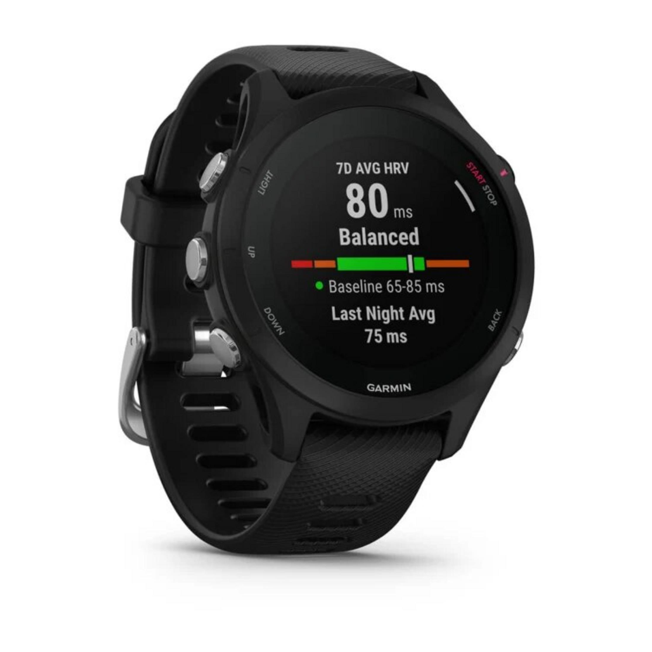 Schwarze Garmin-Smartwatch mit Gesundheitsmetriken. Sie zeigt HRV-Daten, einschließlich eines 80-ms-Wertes und des Status „Ausgeglichen“.