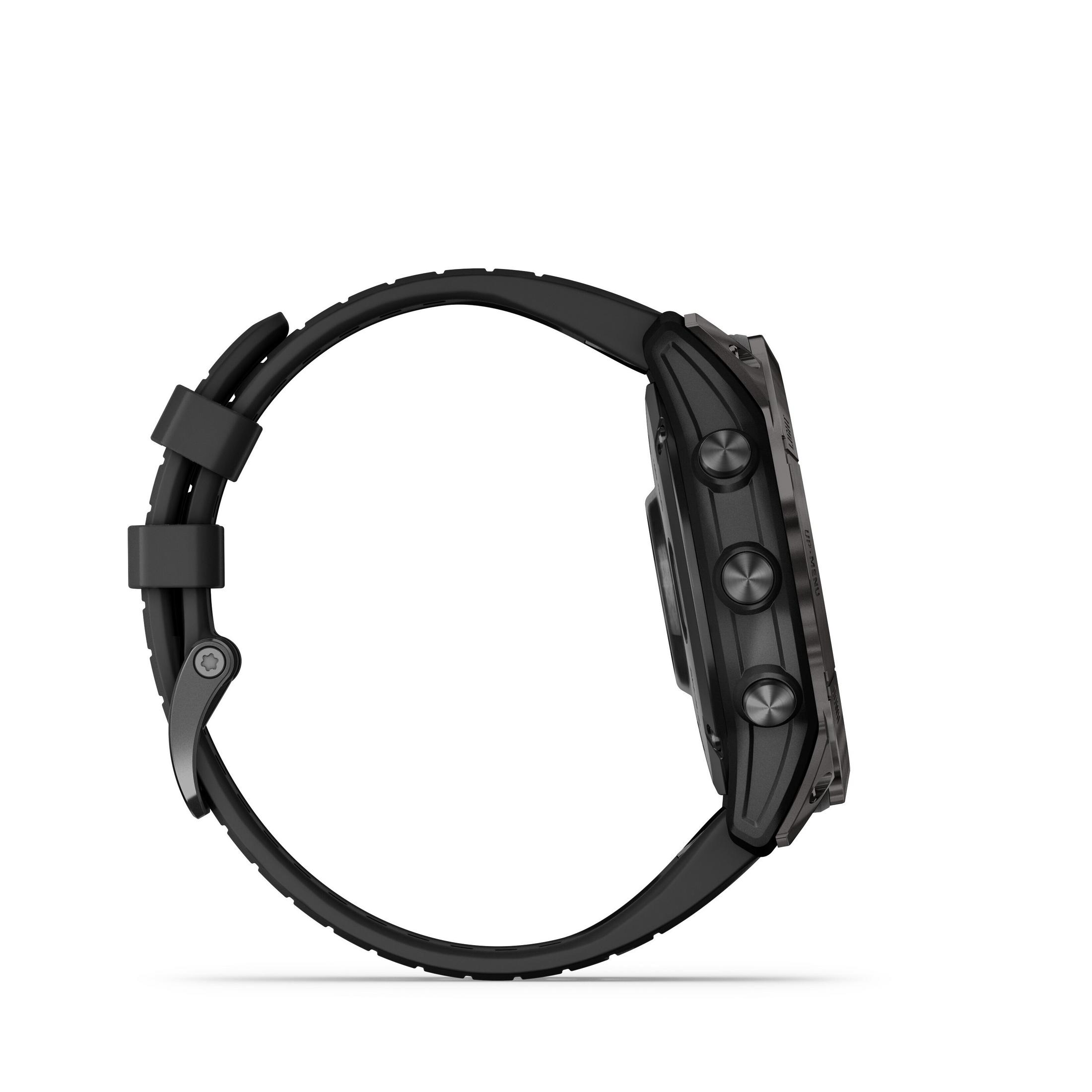 Vista laterale dello smartwatch nero. Cinturino nero, pulsanti laterali. Sfondo bianco.