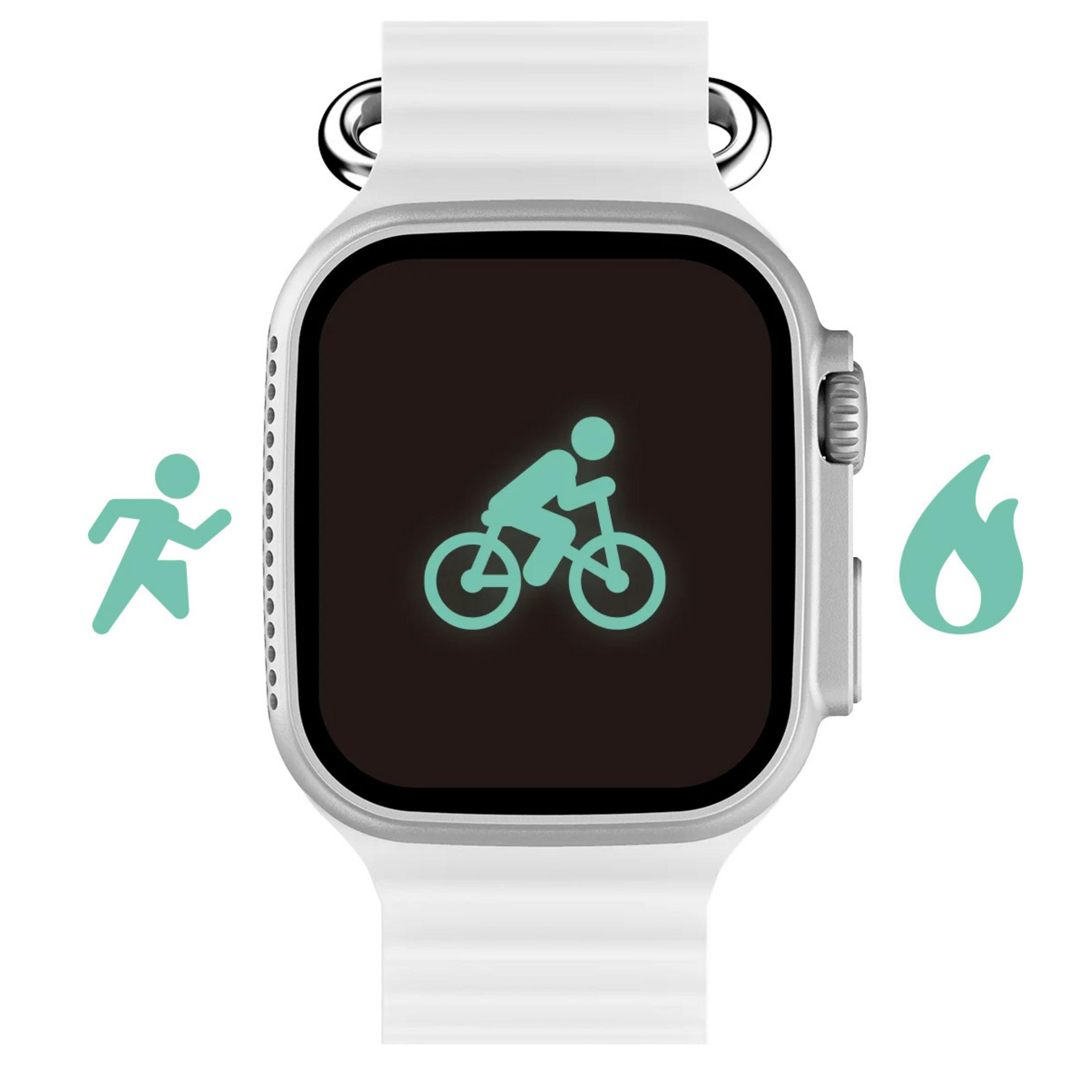 Biały smartwatch z czarnym ekranem, pokazujący ikonę rowerzysty, biegacza i płomienia.