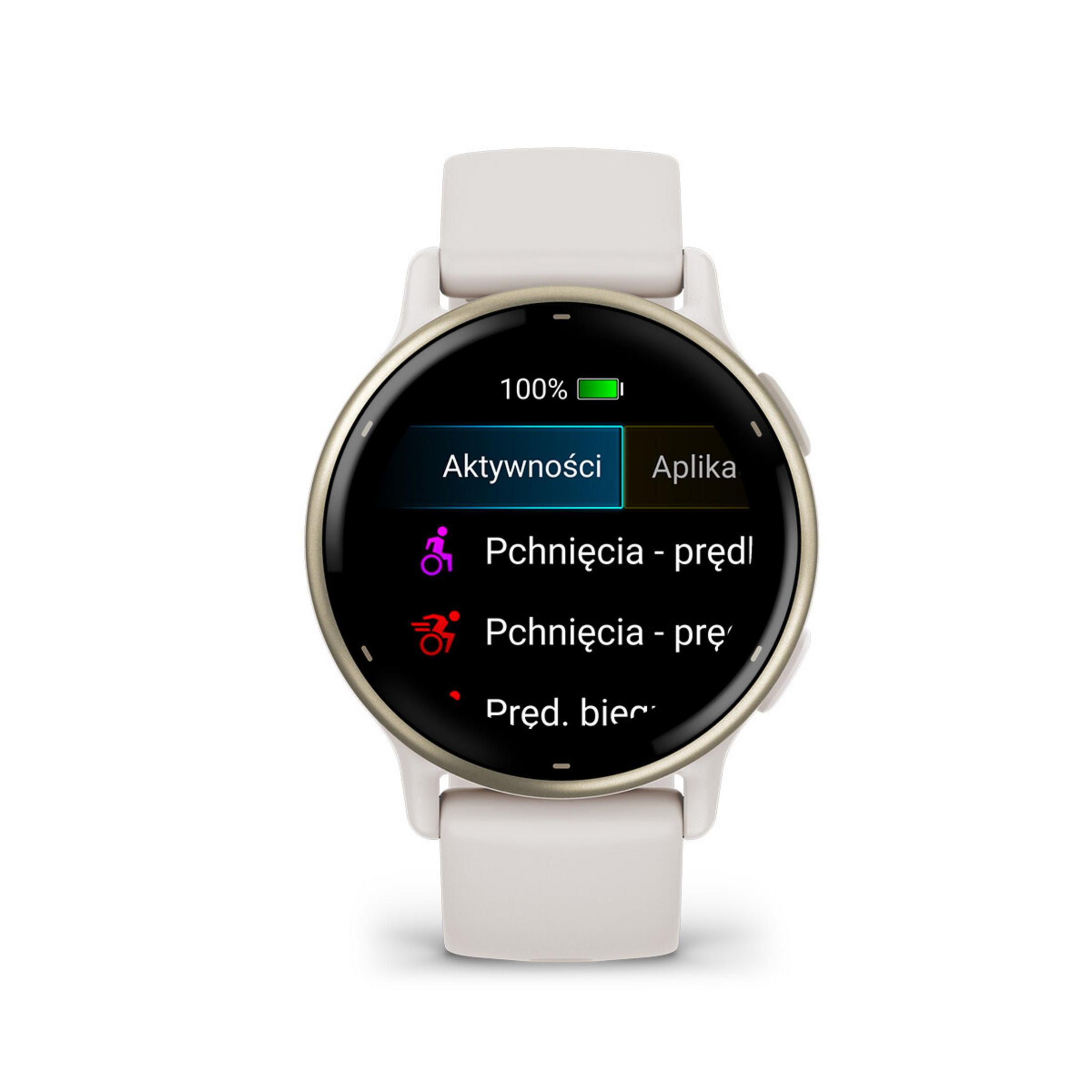 Smartwatch mit weißem Armband zeigt 'Aktywności' und 'Aplikacja'. Der Bildschirm zeigt Aktivitätsoptionen und 100% Akkustand.