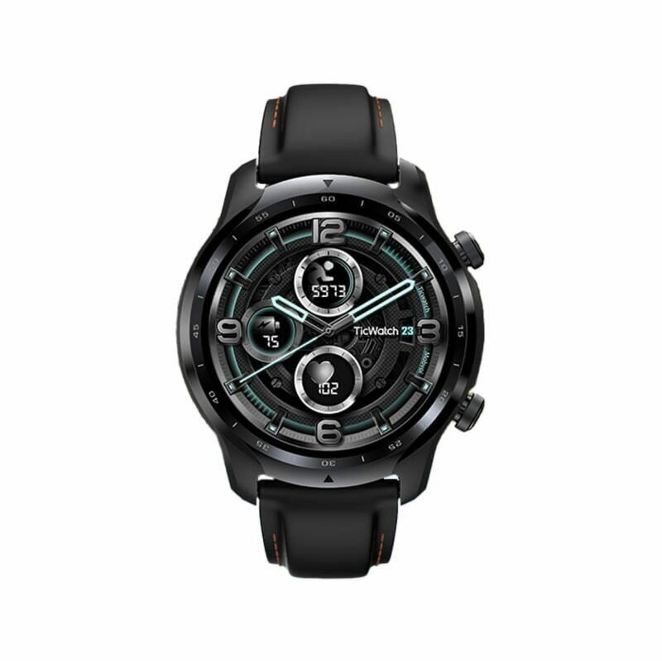 Reloj inteligente negro con correa negra. Muestra la hora, frecuencia cardíaca y otros datos.