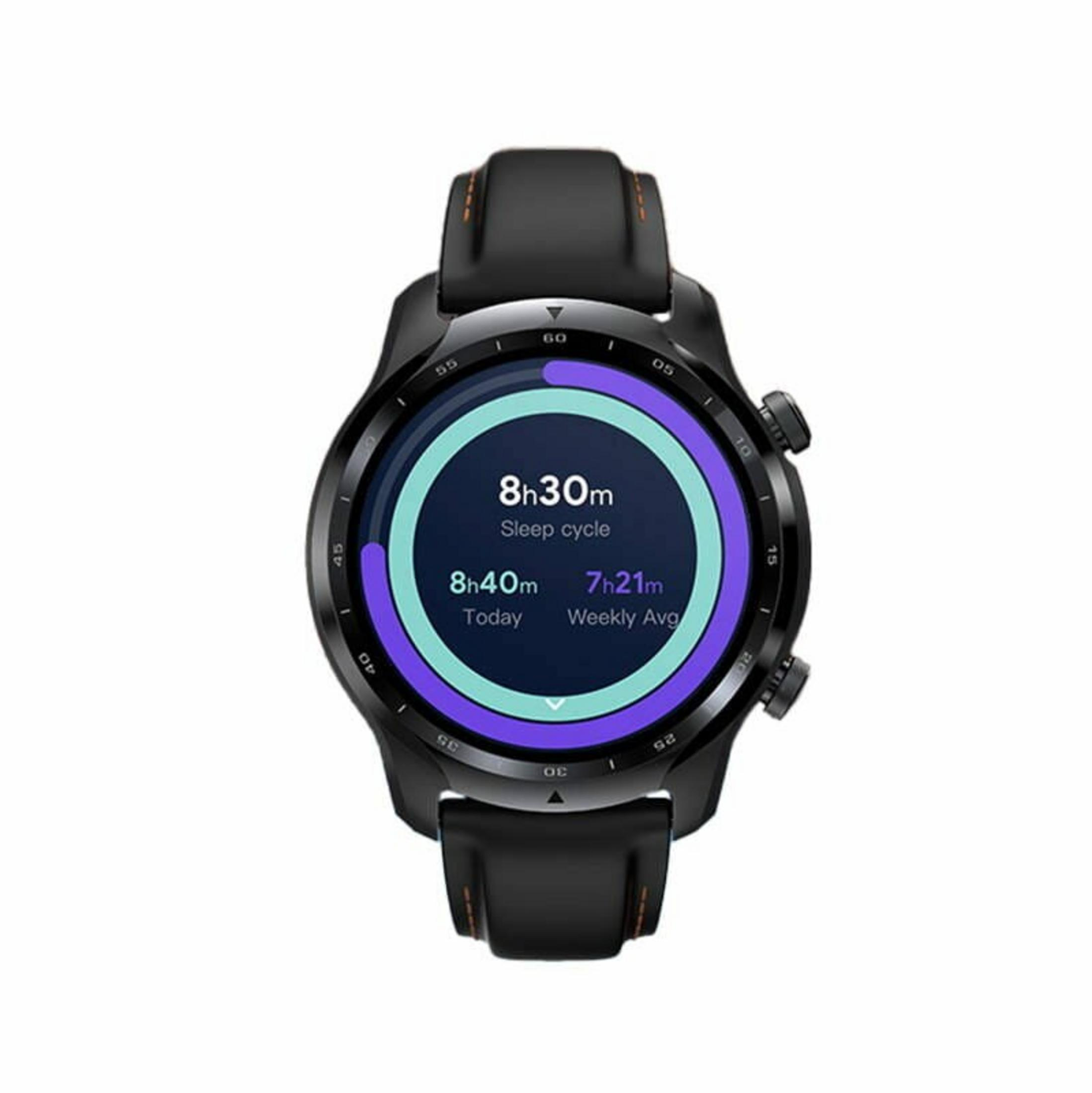 Reloj inteligente negro mostrando datos del ciclo de sueño: 8h30m, 8h40m y 7h21m. El reloj tiene una correa negra y detalles naranjas.