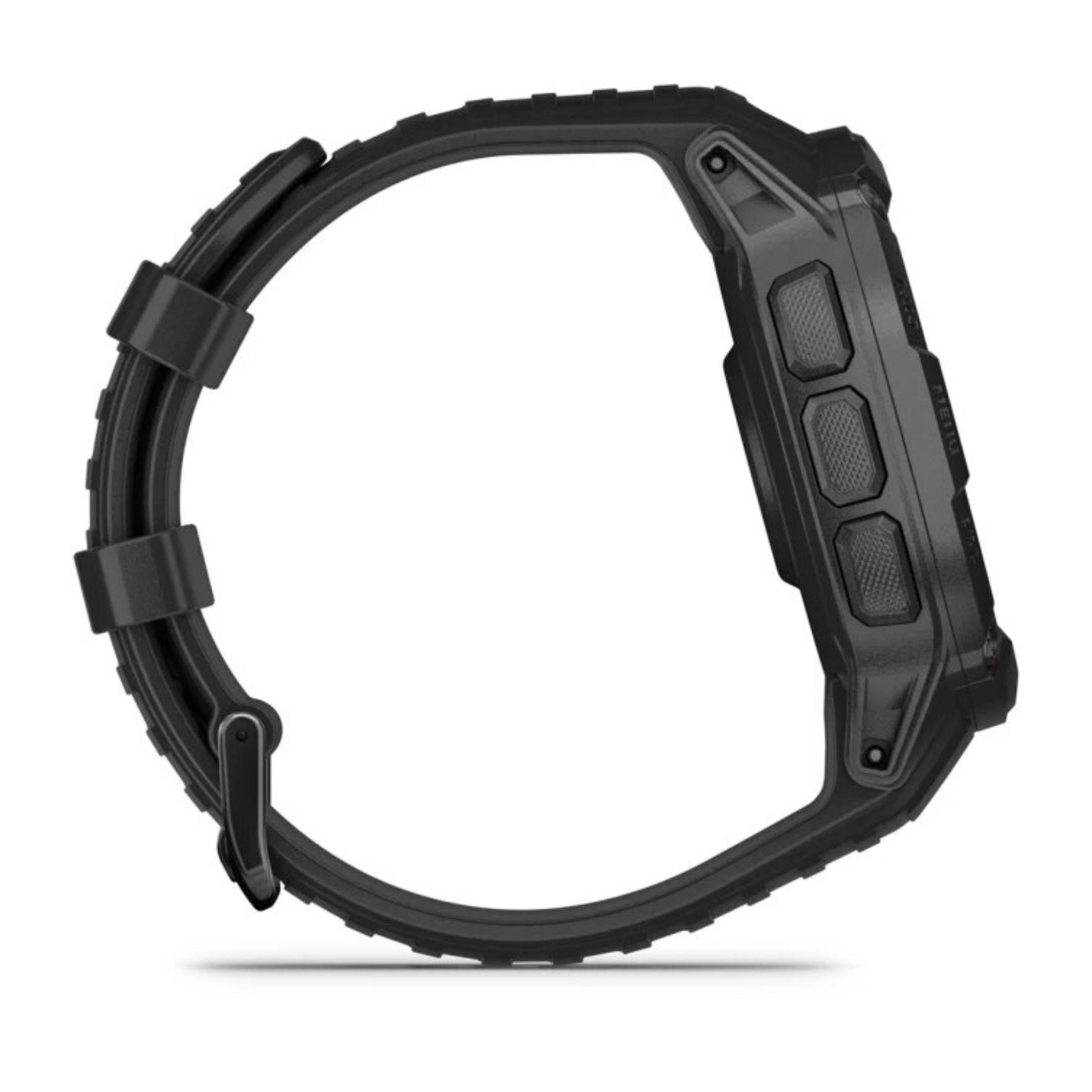 Czarny smartwatch Garmin, widok z boku. Pasek jest zapięty. Na obudowie znajdują się trzy przyciski i ekran.