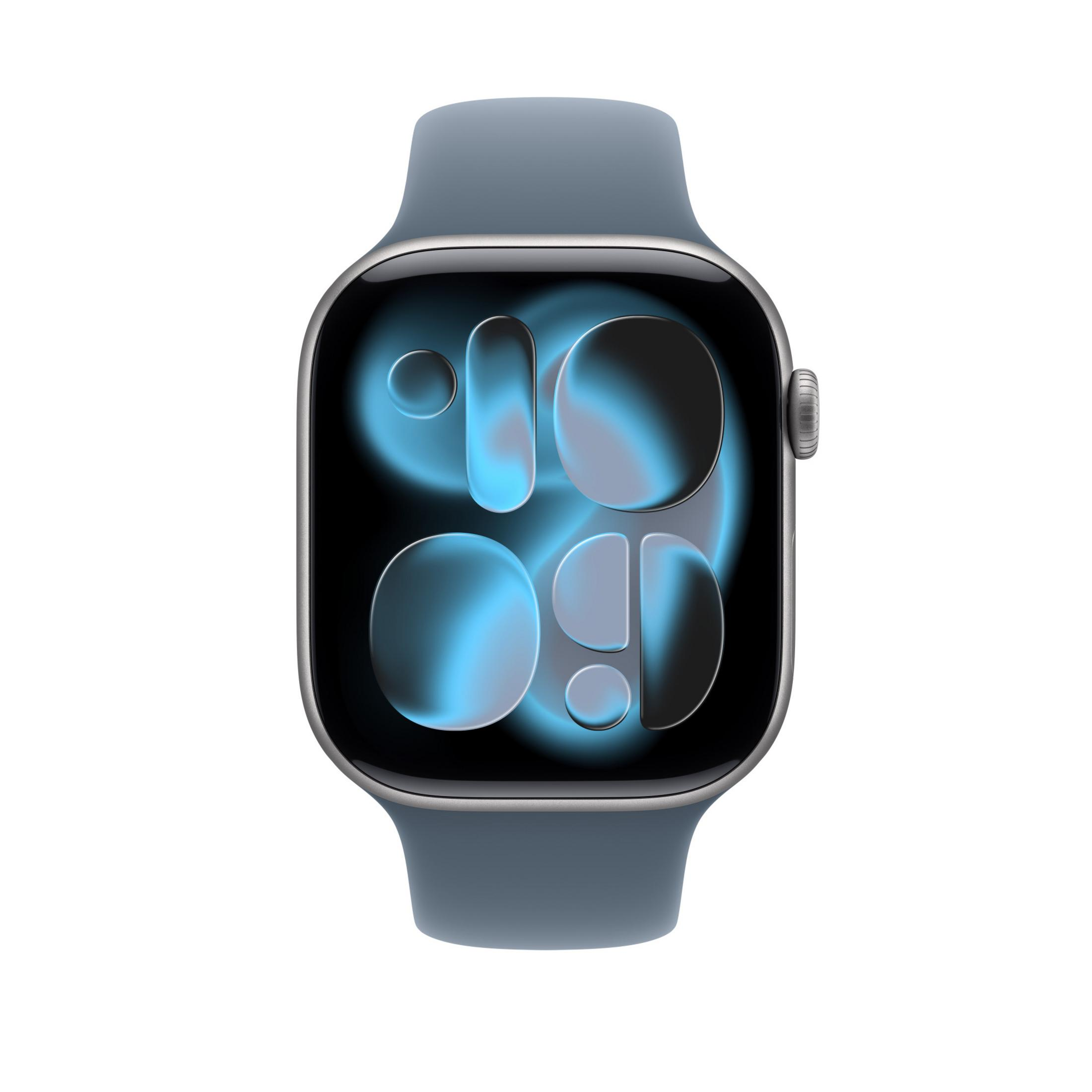 Eine graue Apple Watch mit blauem Armband zeigt ein blaues und schwarzes abstraktes Design auf weißem Hintergrund.