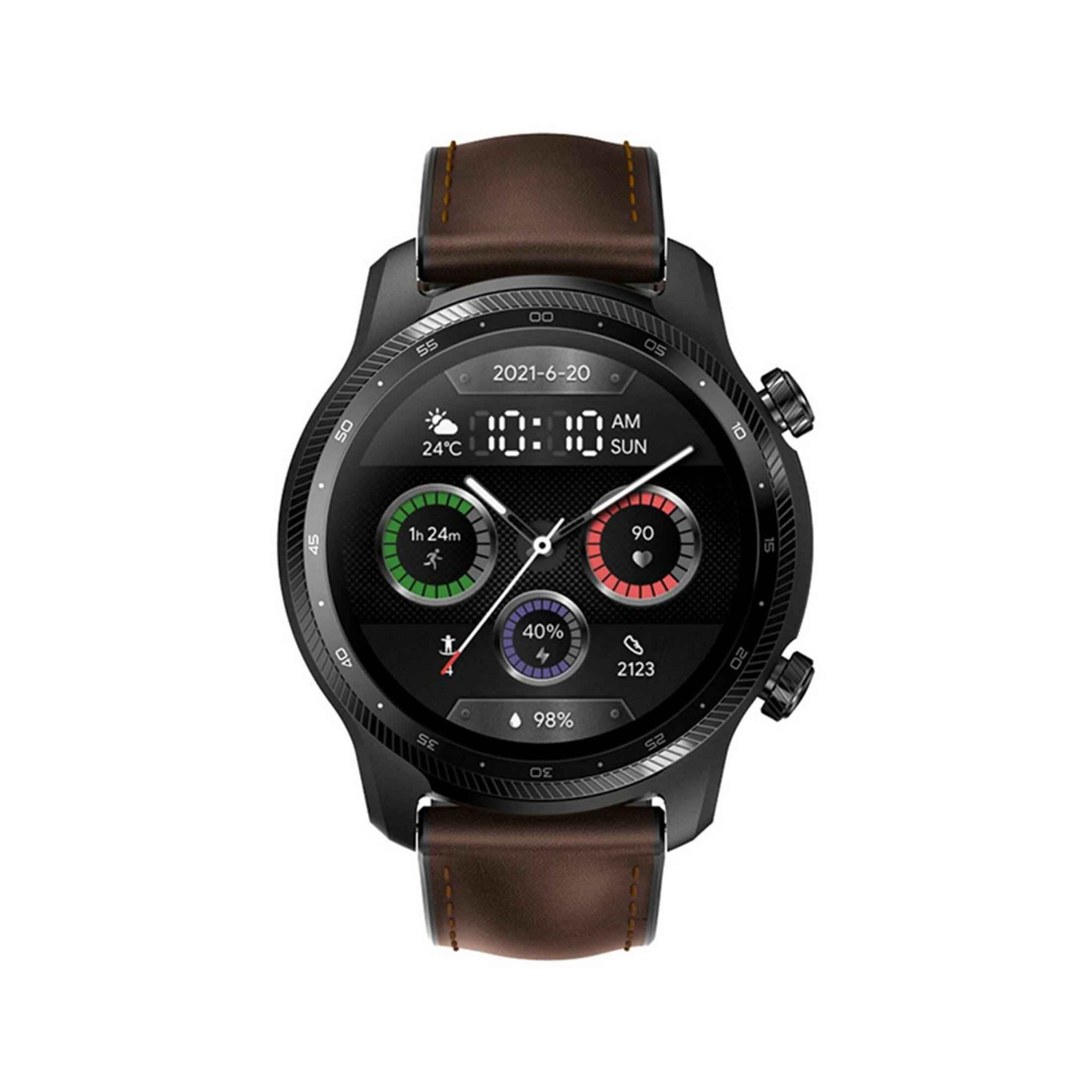 Czarny smartwatch z brązowym skórzanym paskiem pokazuje godzinę, datę i różne dane zdrowotne.