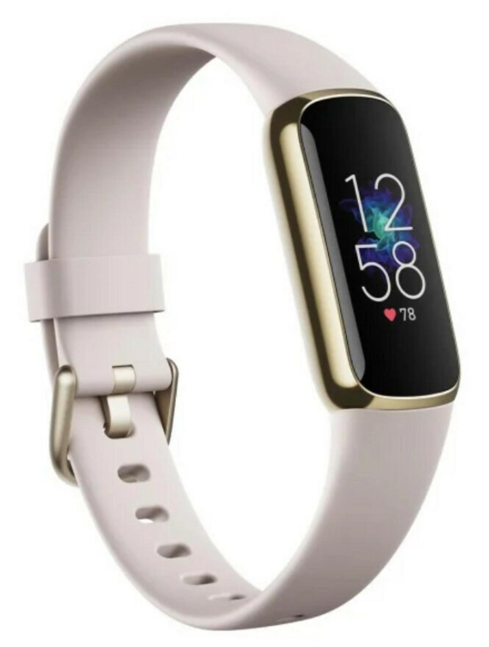 Eine hellrosa Smartwatch mit goldenem Rand. Der Bildschirm zeigt die Uhrzeit 12:58 und eine Herzfrequenz von 78.