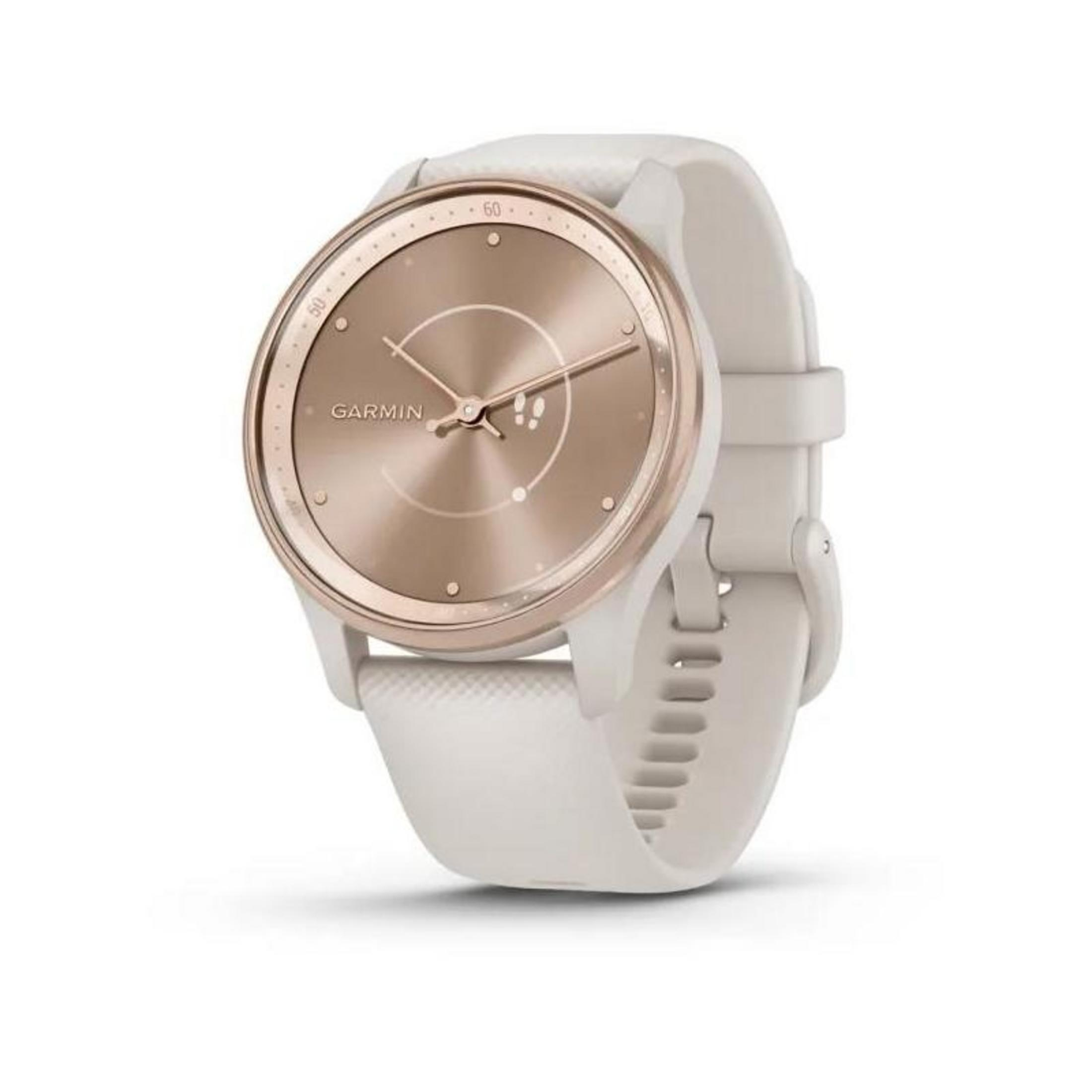 Eine weiße Garmin-Smartwatch mit roségoldenem Zifferblatt, die die Uhrzeit anzeigt. Das Armband ist weiß. Der Hintergrund ist weiß.