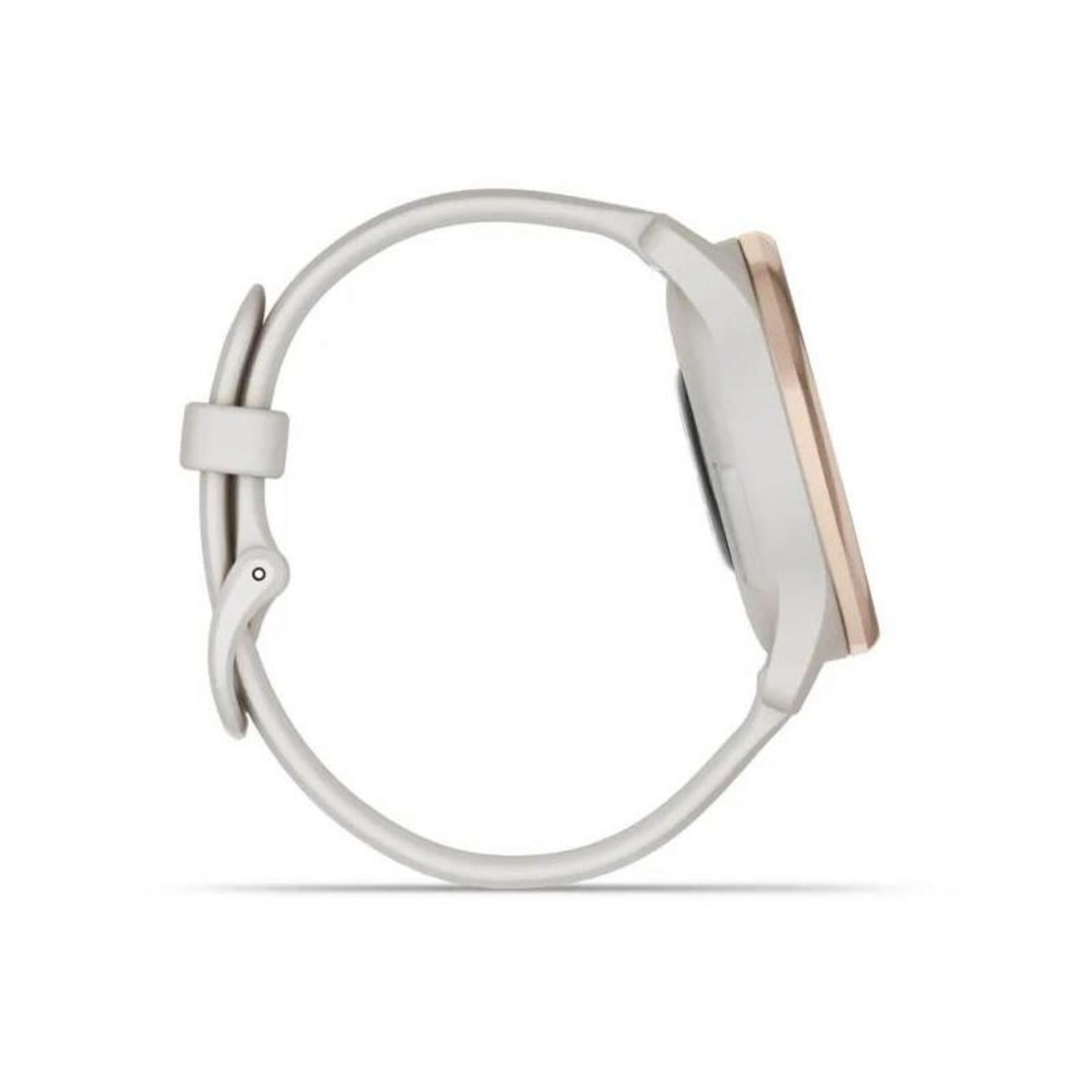 Eine weiße Smartwatch mit einer roségoldenen Lünette wird von der Seite gezeigt. Das Armband ist weiß, mit einem Verschluss.