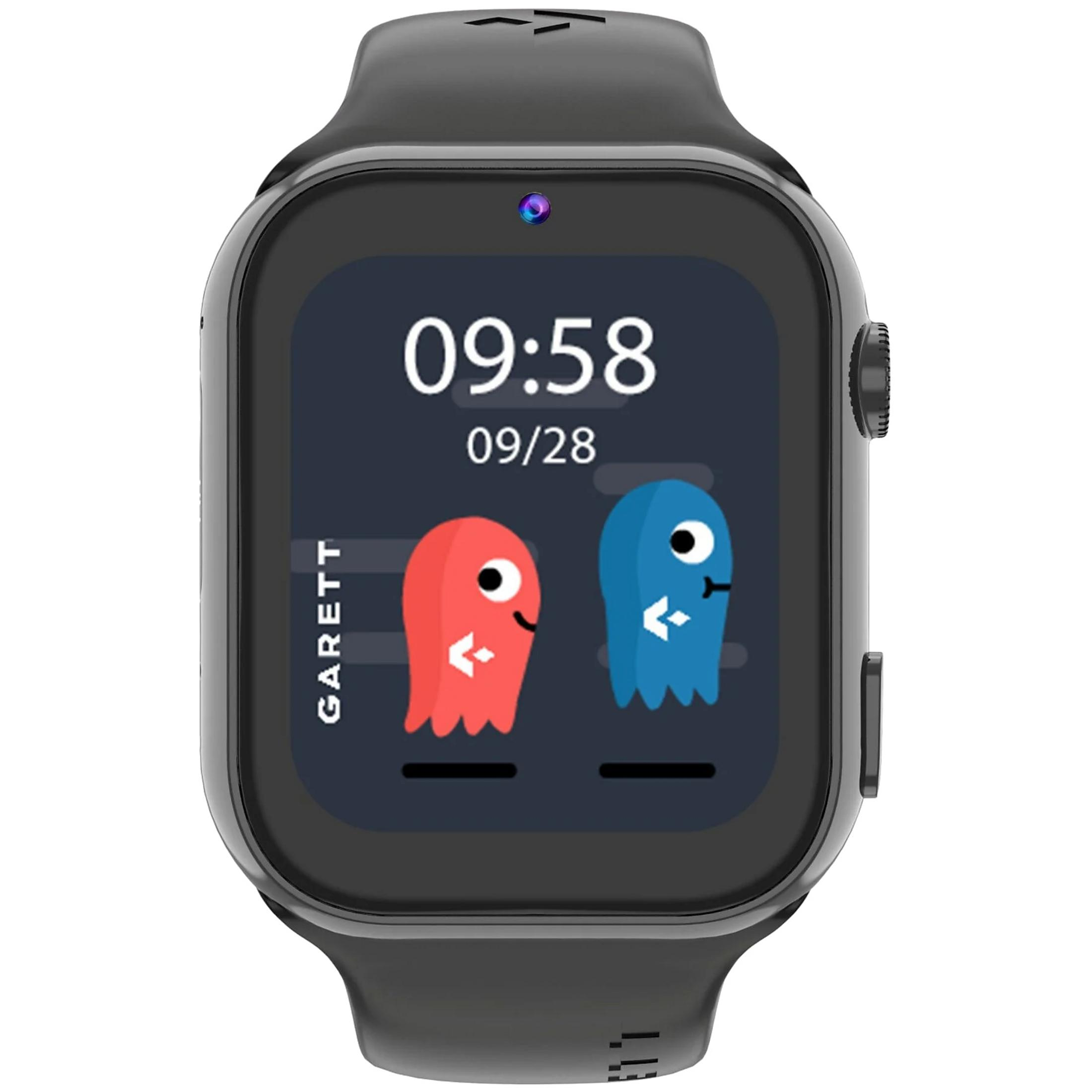 Smartwatch nero con display scuro che mostra ora e data, e due fantasmi dei cartoni animati.