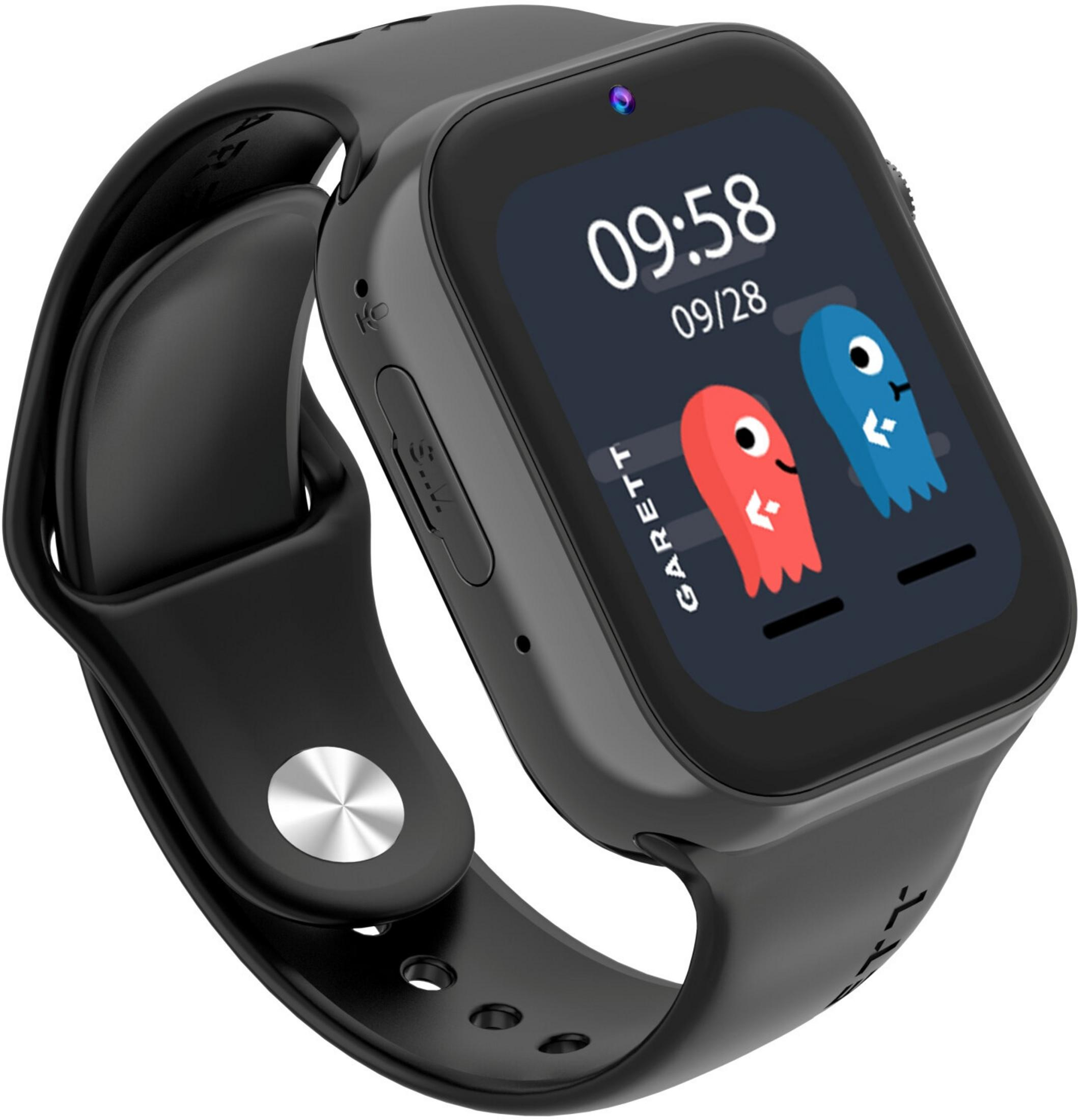 Smartwatch nero con visualizzazione dell'ora e fantasmi dei cartoni animati. Cinturino nero e bottone argentato. Schermo: 09:58 e 28/09.