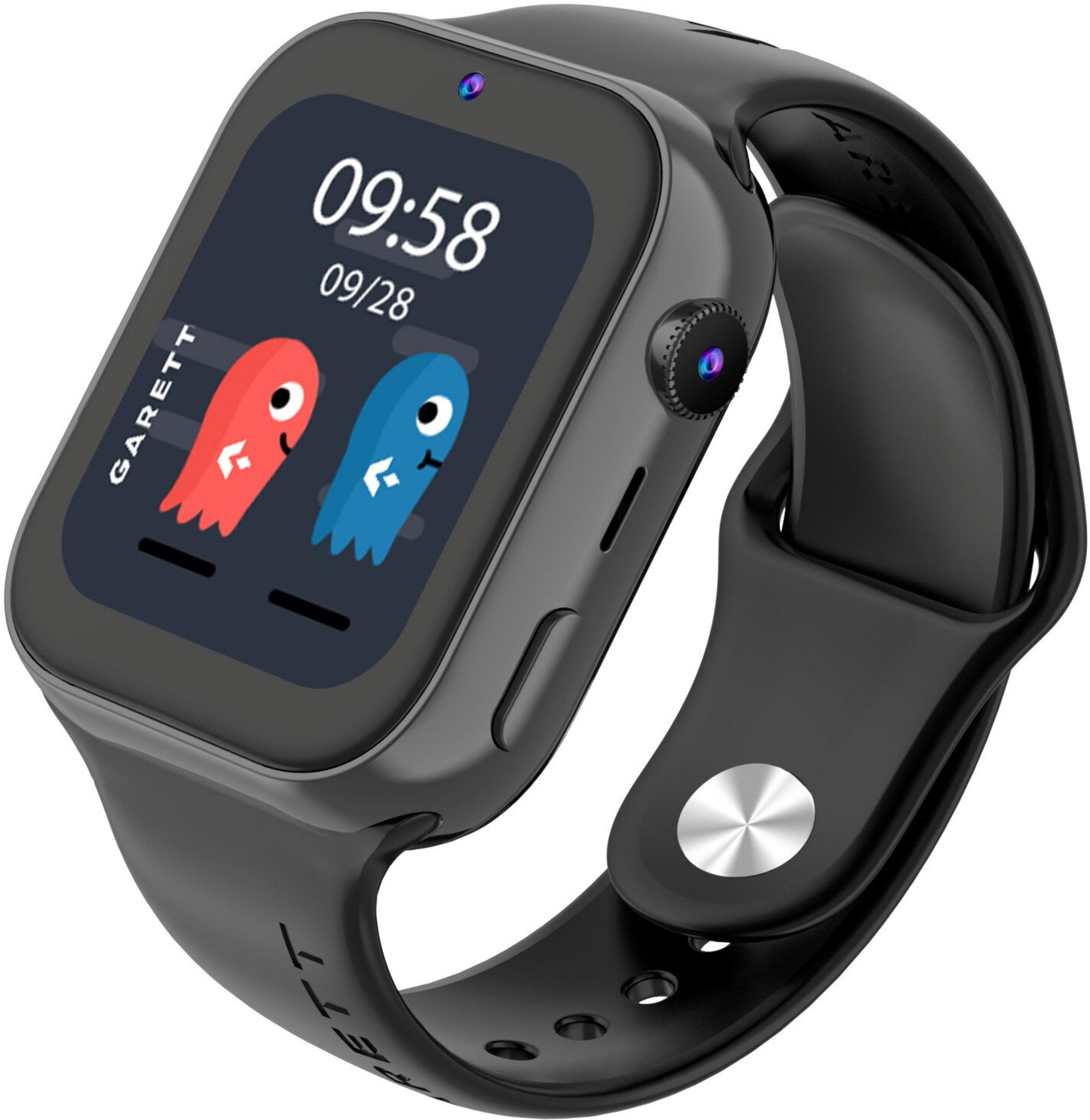 Smartwatch nera con schermo scuro che mostra l'ora e grafiche a fantasma. Cinturino nero. Due fotocamere. Pulsante argentato.