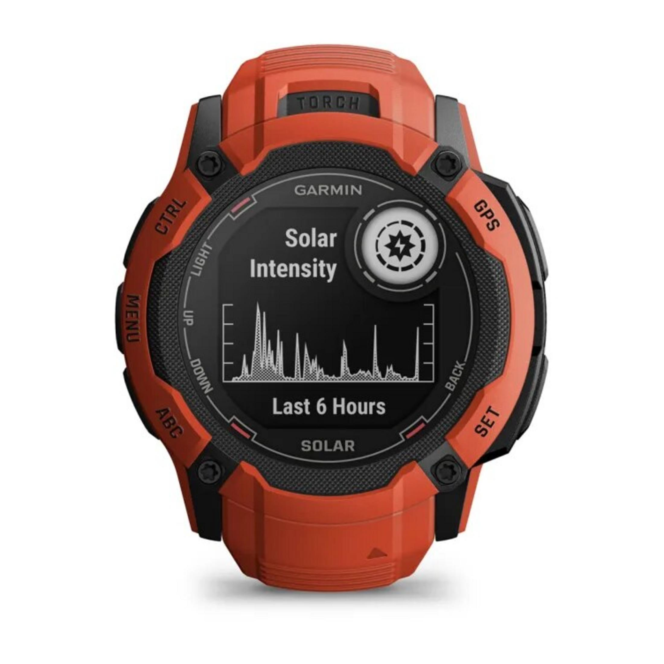 Een oranje Garmin horloge met zwarte bezel toont de intensiteit van de zon.