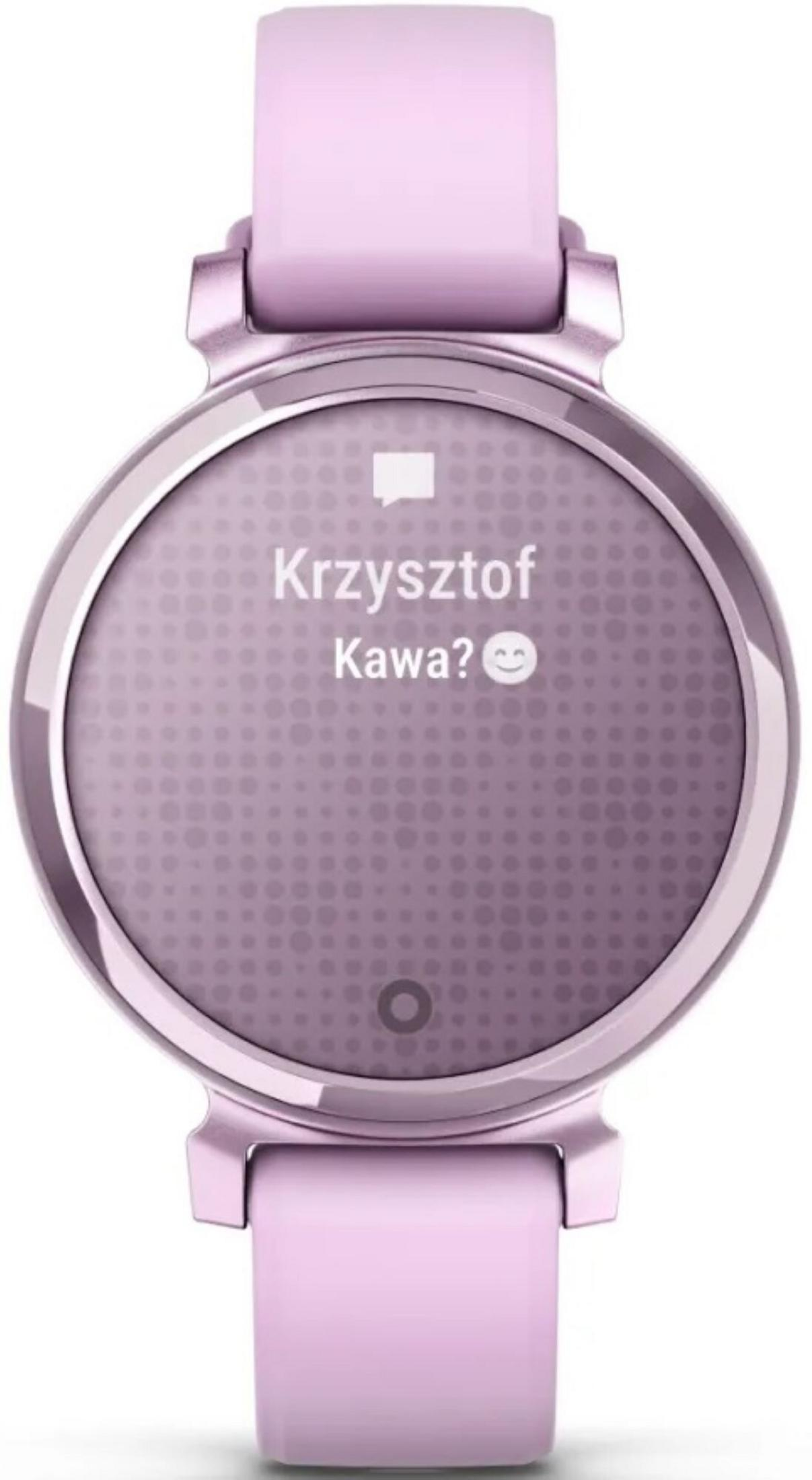 Une montre connectée rose affiche un message de 'Krzysztof' demandant 'Kawa ?' avec un smiley. Le bracelet est également rose.