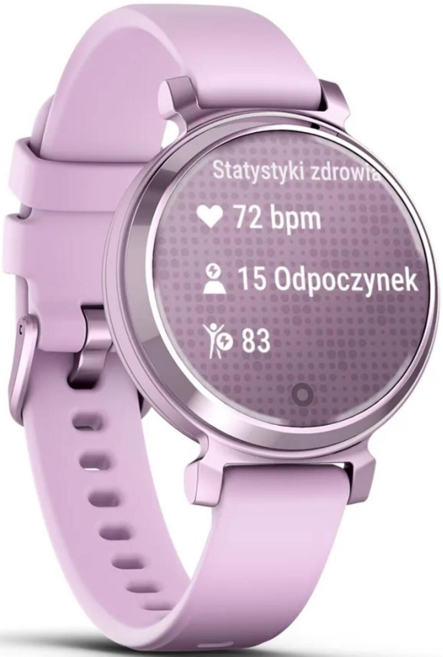 Une montre connectée lavande affiche des statistiques de santé : 72 bpm, 15 repos et 83. Le bracelet et le boîtier sont également lavande.