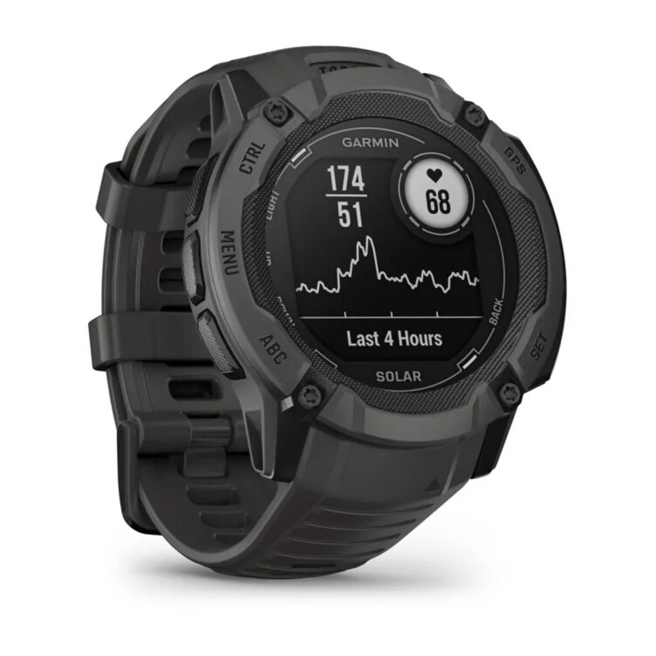 Smartwatch Garmin wyświetla statystyki. Zegarek jest czarny z ciemnym ekranem, pokazującym tętno, czas i wykres.
