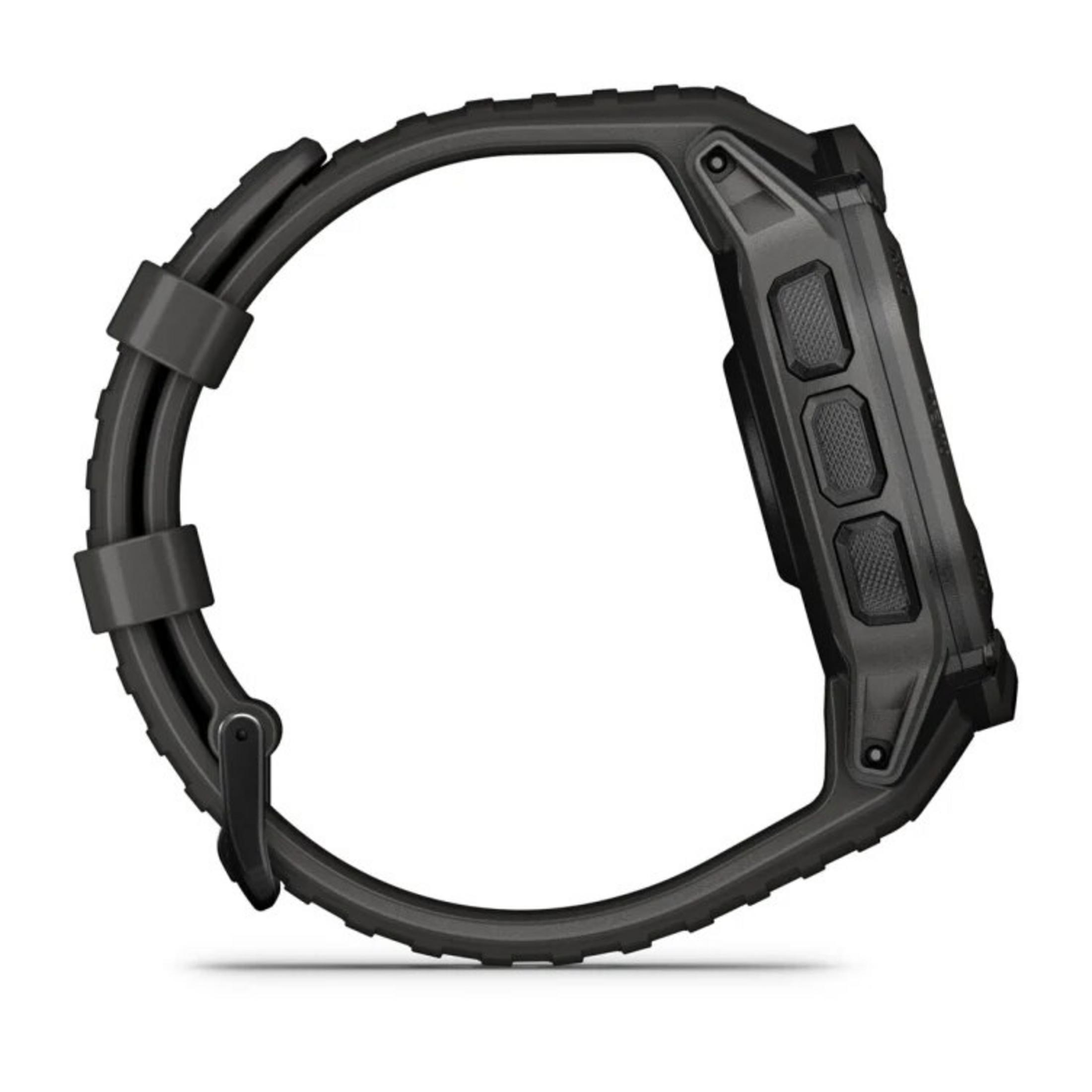 Ciemnoszary smartwatch z trzema przyciskami z boku, czarnym paskiem i białym tłem.