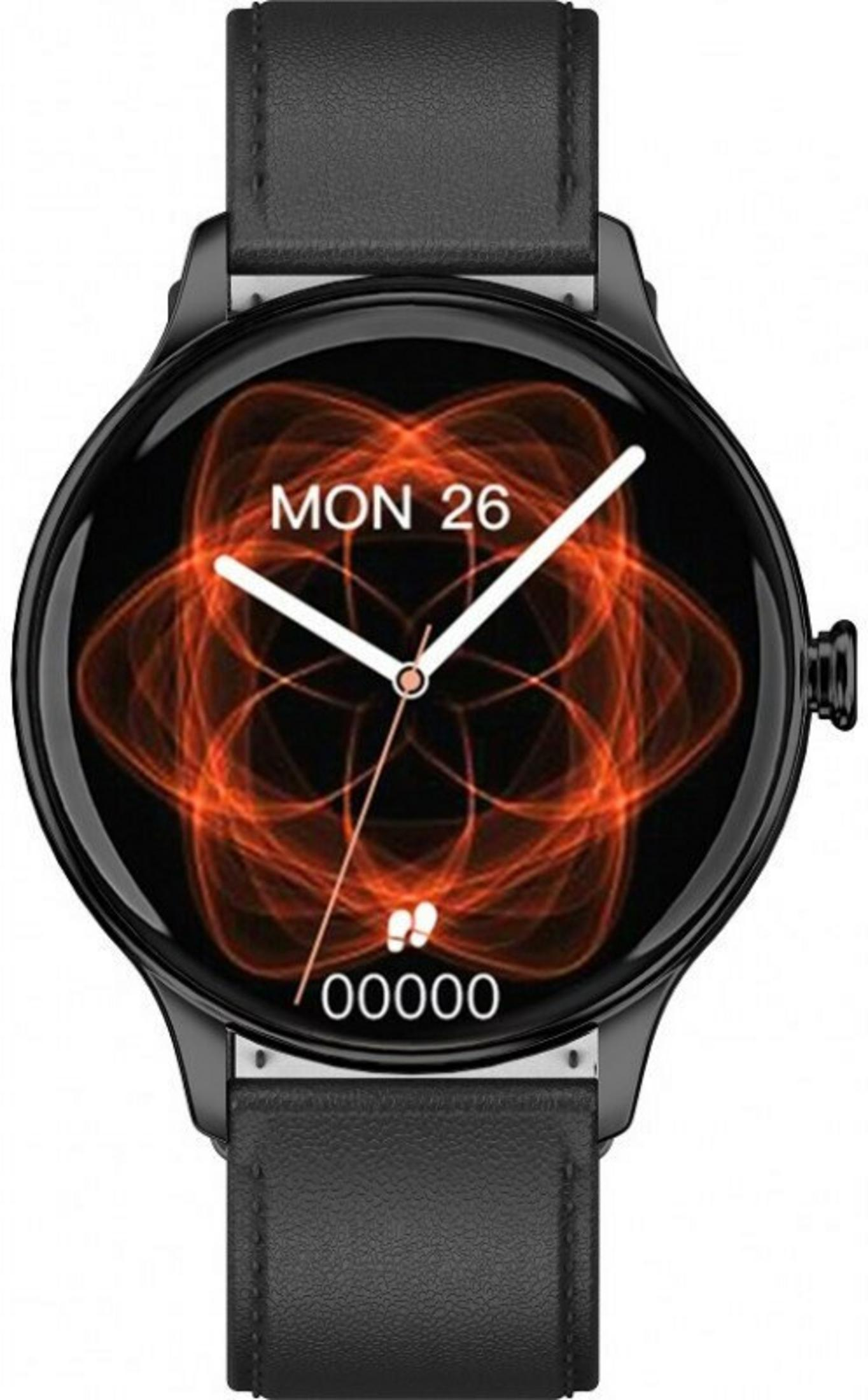Schwarze Smartwatch mit Lederarmbändern. Das Zifferblatt zeigt Datum, Uhrzeit und ein oranges abstraktes Design.