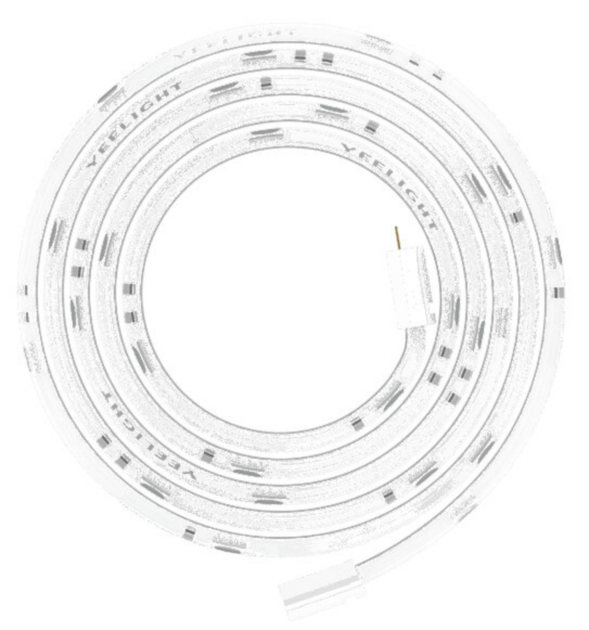 Una striscia luminosa a LED bianca arrotolata. La parola 'YEELIGHT' è stampata sopra. Un connettore bianco alla fine.