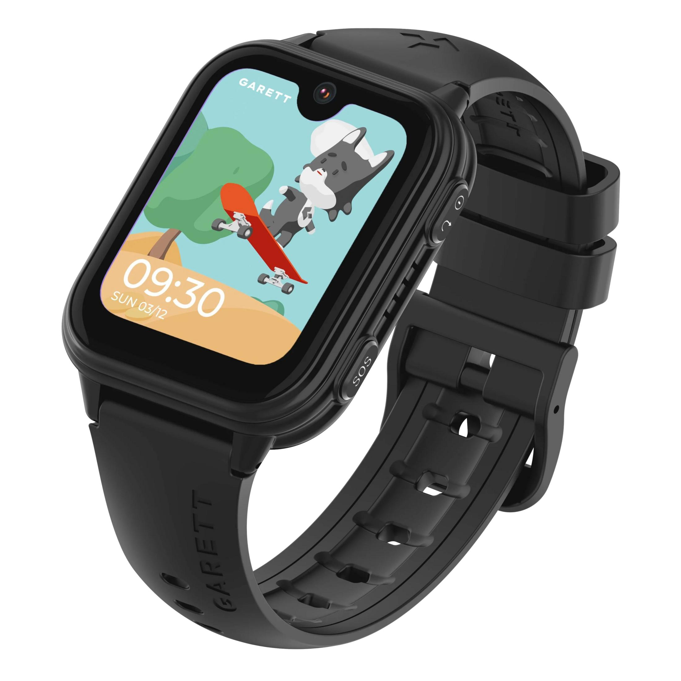 Smartwatch nera con schermo che mostra un cane dei cartoni animati su uno skateboard, l'ora è 09:30.