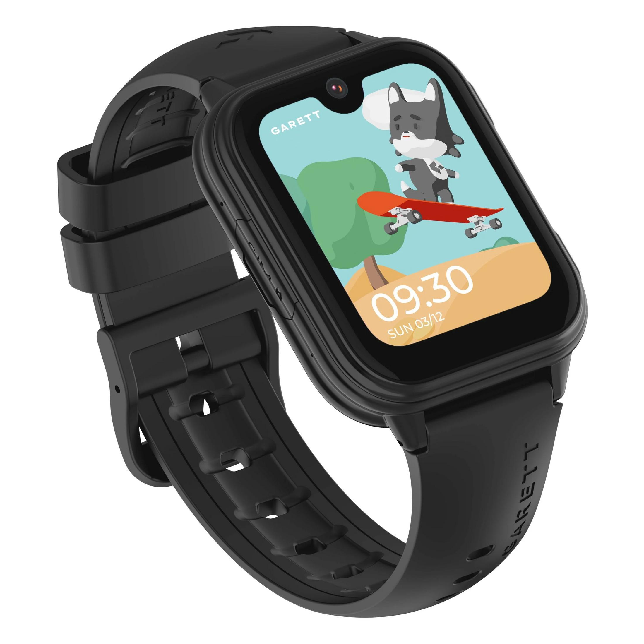 Smartwatch nero con schermo che mostra un cane dei cartoni animati su uno skateboard, ora: 09:30.