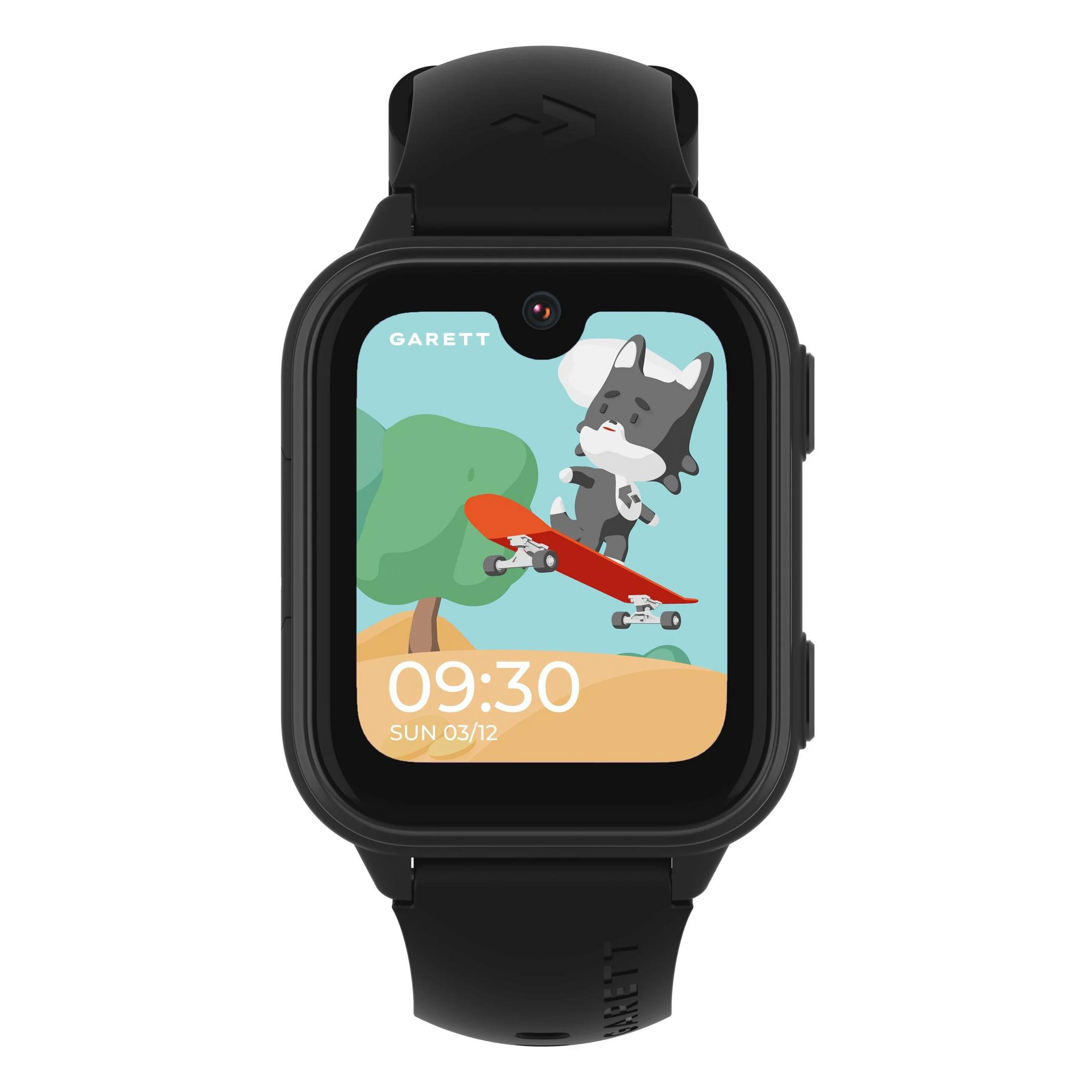 Smartwatch nera con un cartone animato di una volpe su uno skateboard sullo schermo. L'ora è 09:30.