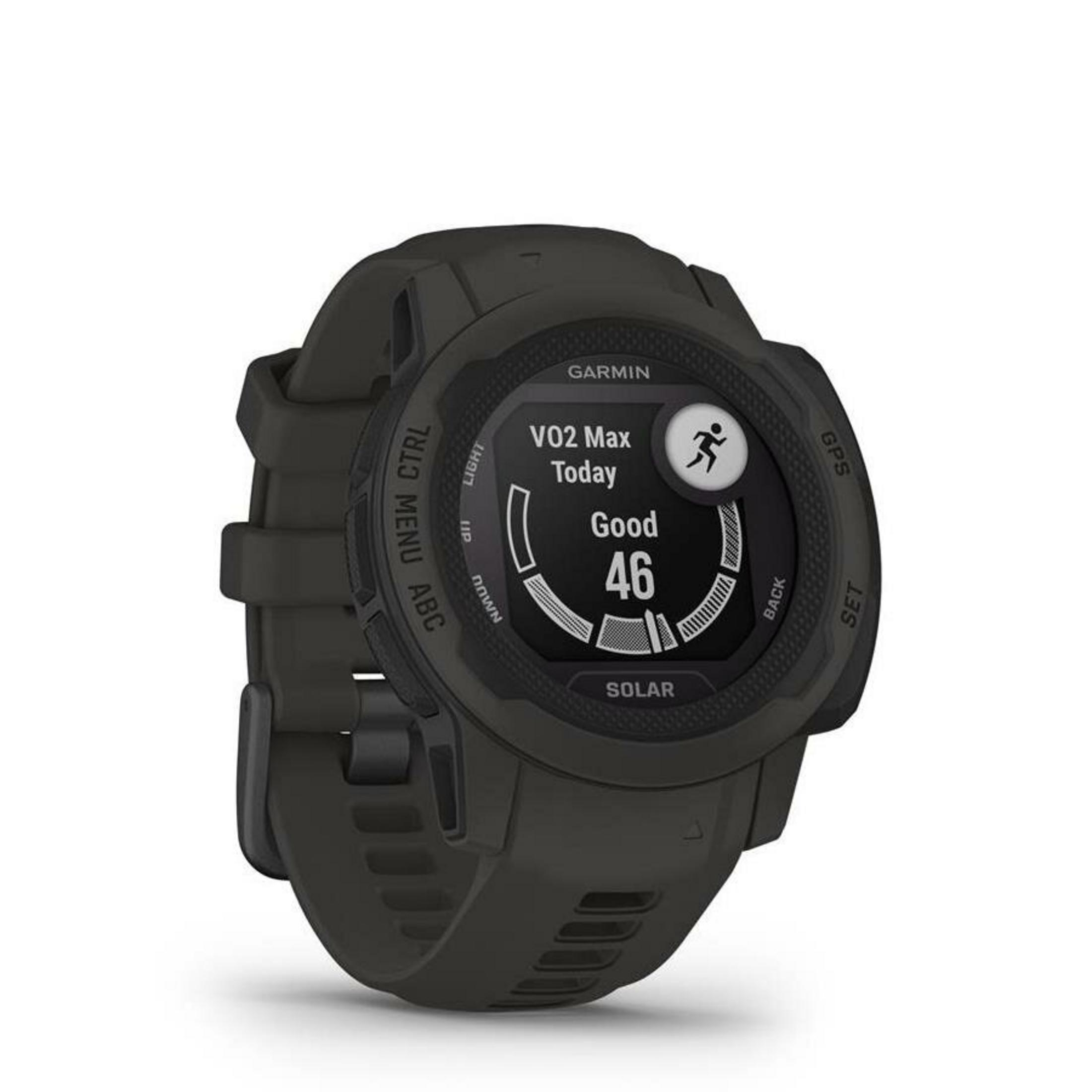 Czarny zegarek Garmin z VO2 Max, statusem 'Dobry' i wartością 46. Posiada przyciski i panel słoneczny.