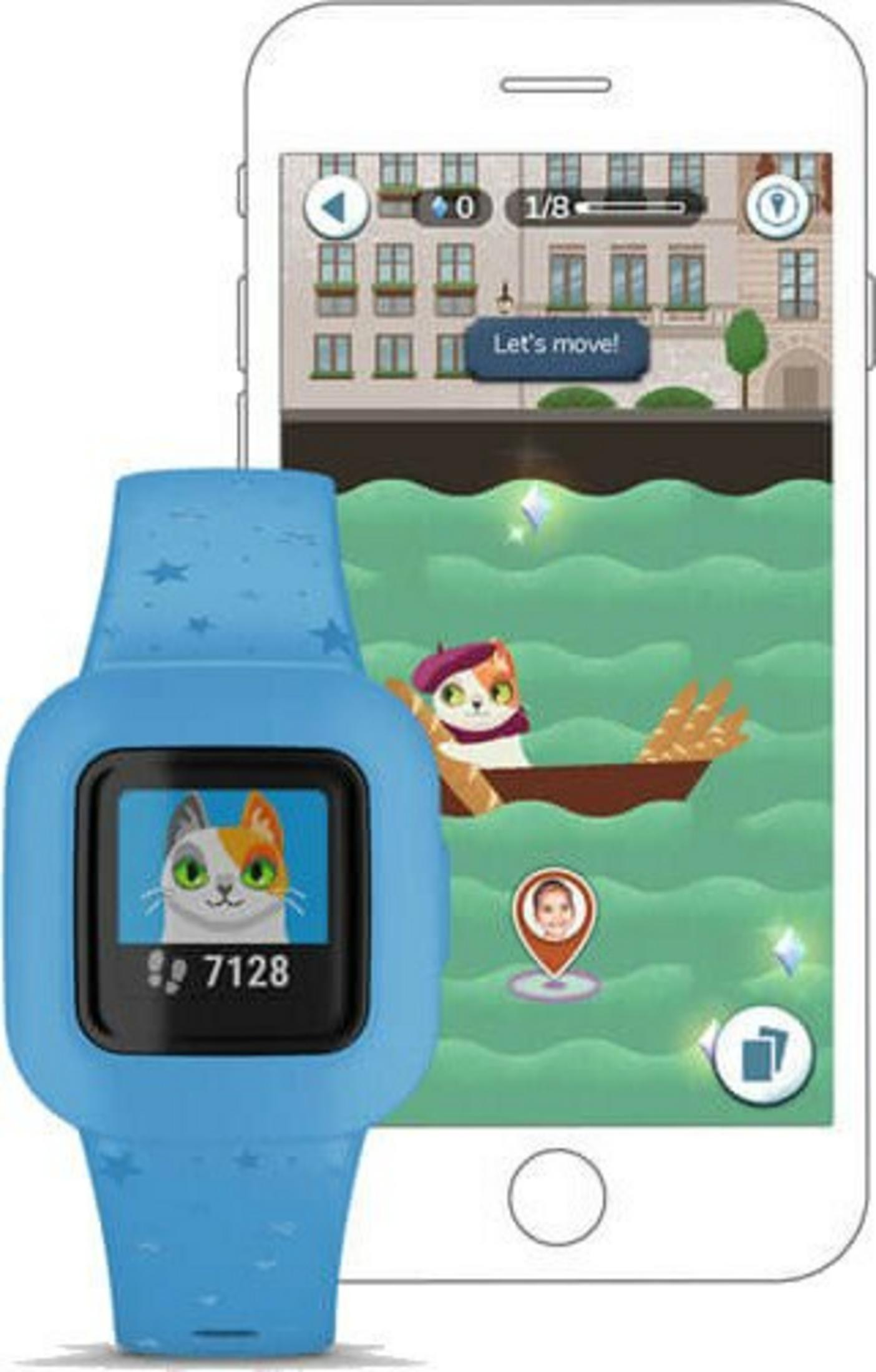 Niebieski smartwatch wyświetla kocią twarz. Smartfon pokazuje grę z kotem w łódce i krajobraz miejski.