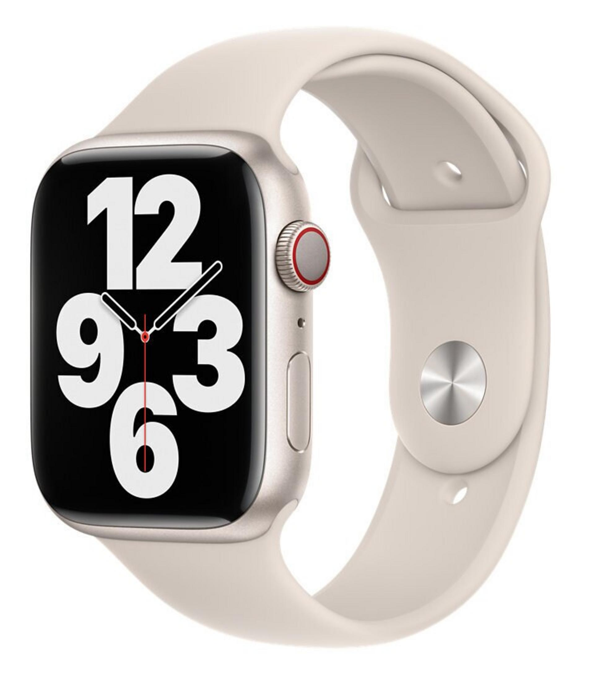 Kremowy Apple Watch z dopasowanym paskiem, pokazujący godzinę. Widoczne cyfry 12, 9, 6 i 3.