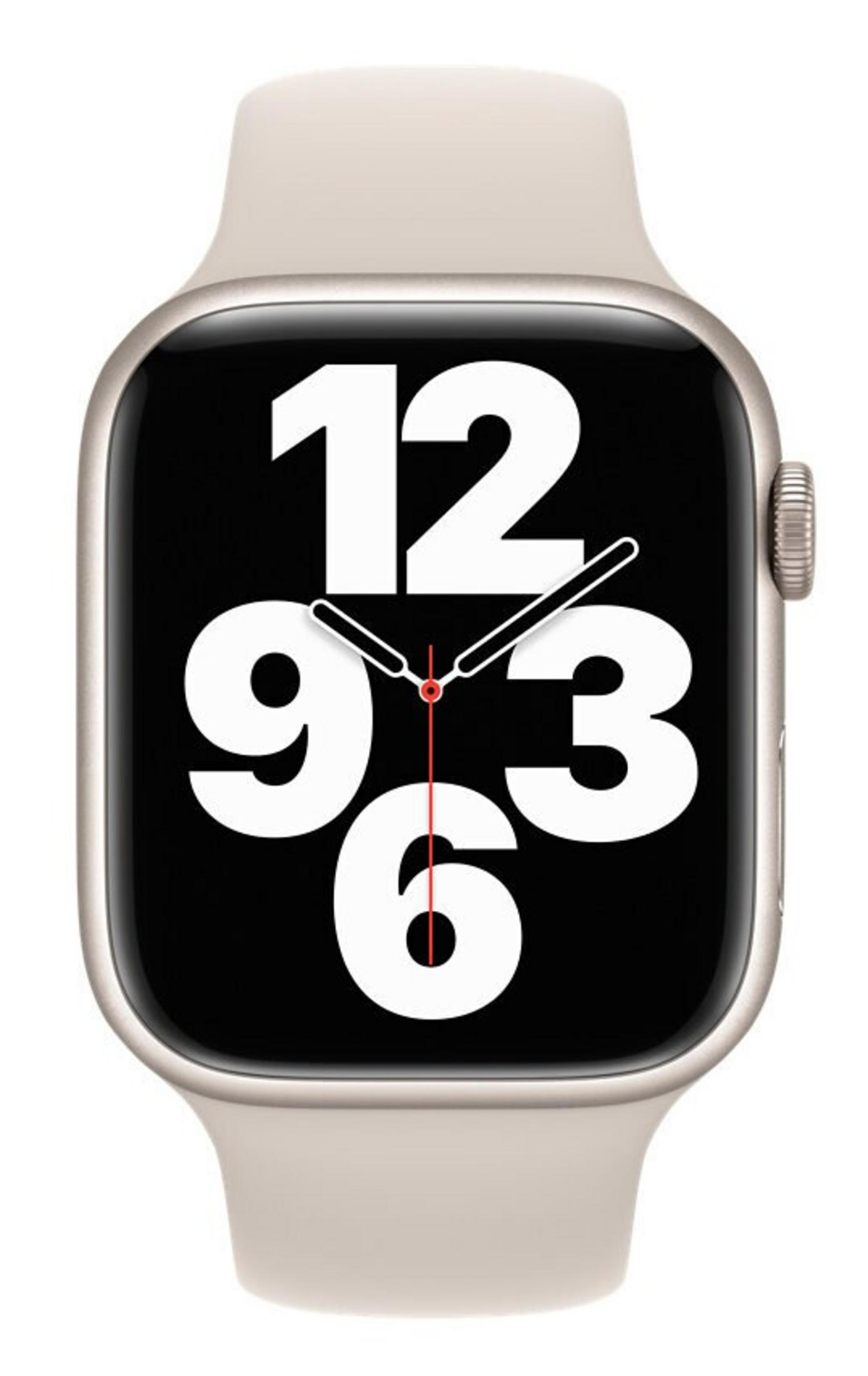 Apple Watch z jasnym paskiem. Tarcza pokazuje godzinę, z dużymi białymi cyframi na czarnym tle.