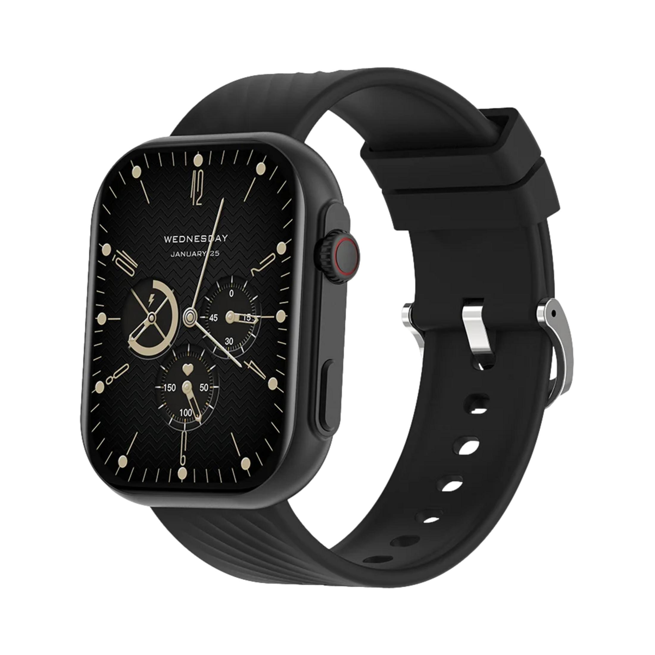 Czarny smartwatch z teksturowaną tarczą, czarnym paskiem i czerwonym przyciskiem. Pokazuje środę, 25 stycznia.
