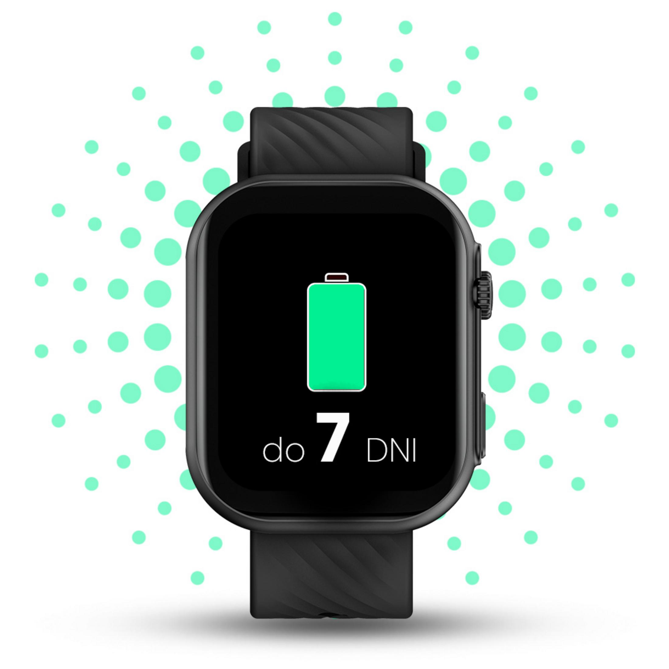 Smartwatch wyświetla ikonę baterii z 7 dniami pozostałymi. Zegarek jest czarny, z miętowo-zielonym tłem w kropki.