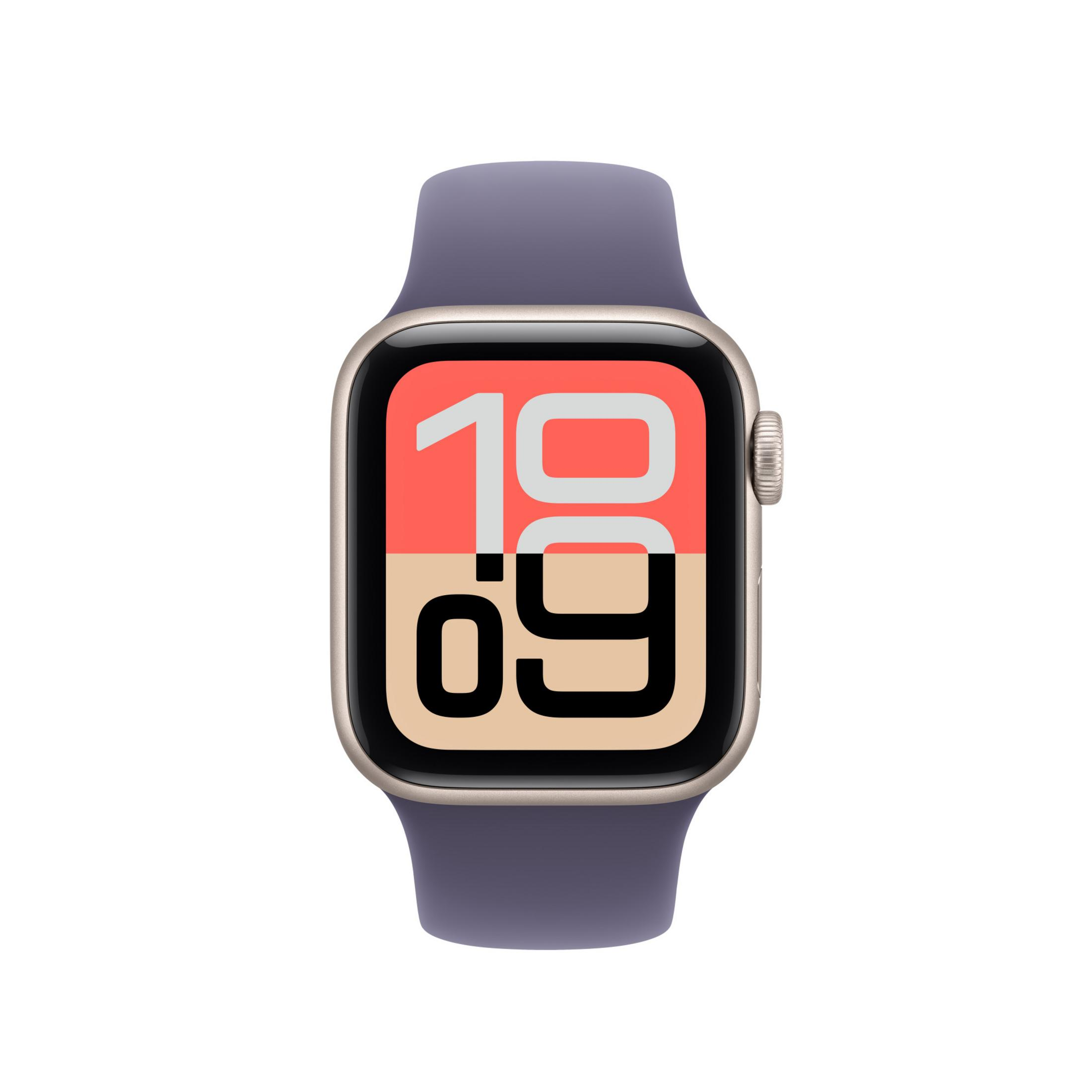 Un Apple Watch con cinturino viola. Lo schermo mostra l'ora: 10:09. Lo sfondo è bianco.