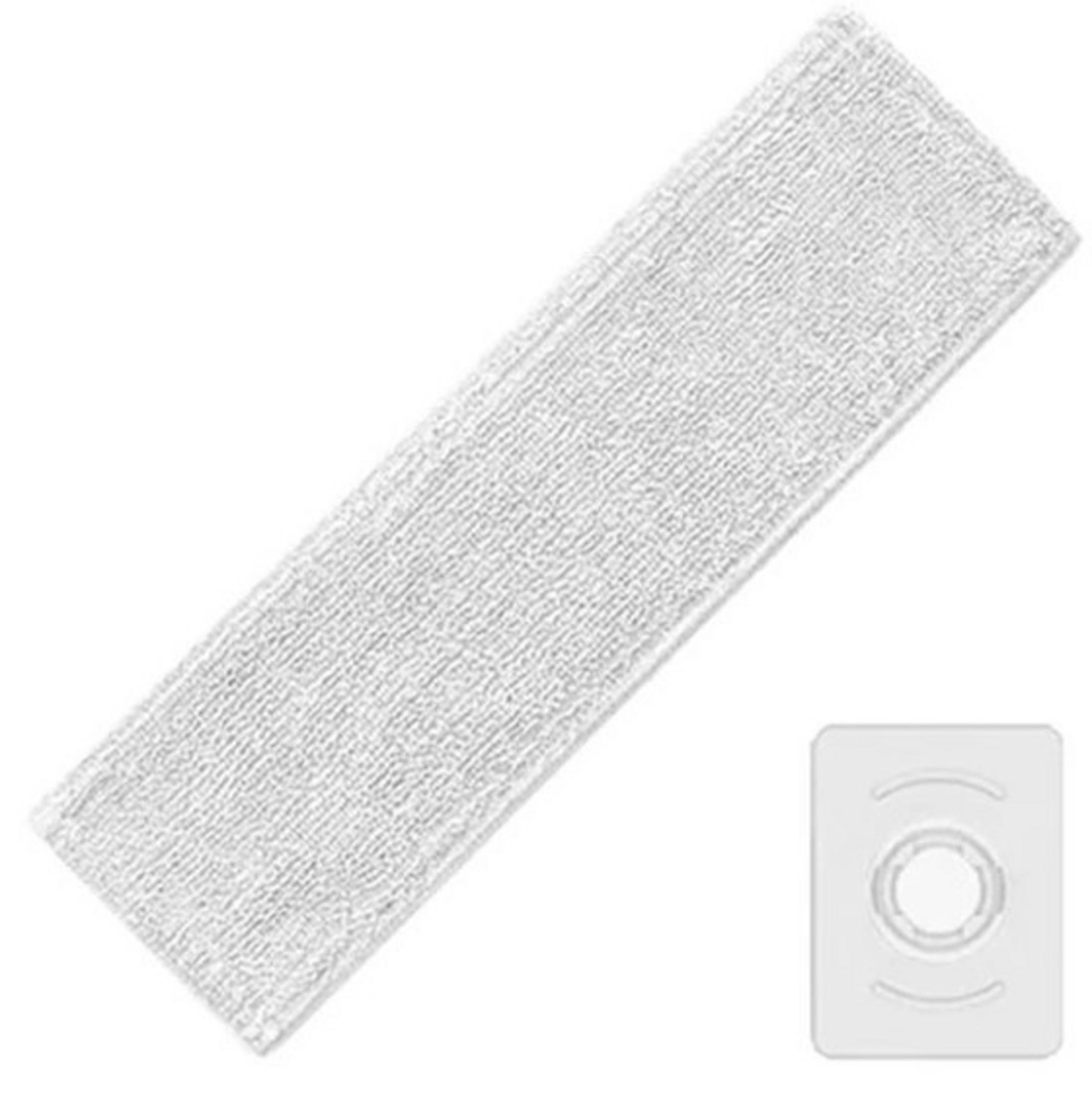 Biała prostokątna głowica mopa i biała prostokątna podstawa montażowa. Oba na białym tle.