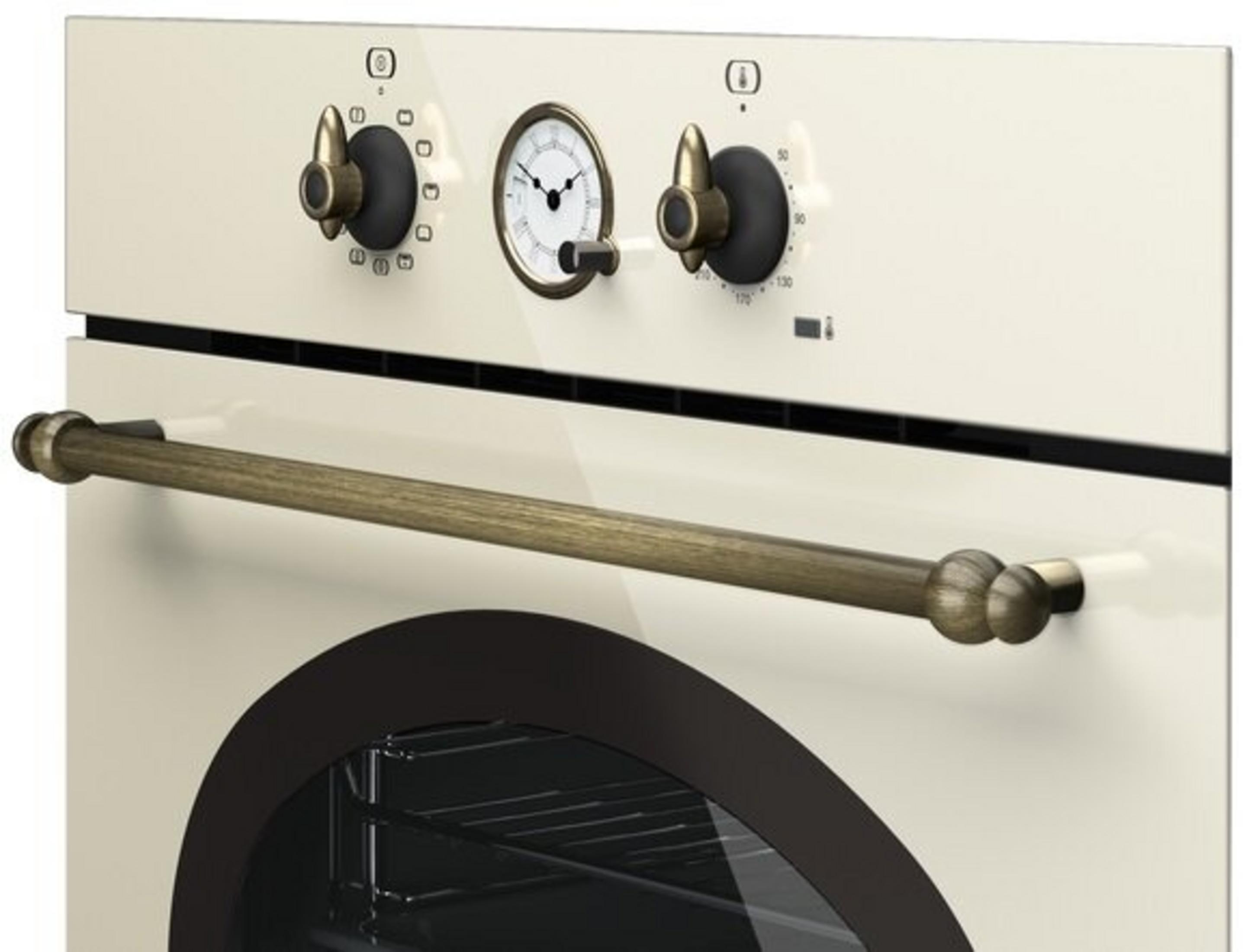 Kremowy piekarnik z brązową rączką, pokrętłami i zegarem. Drzwi piekarnika mają ciemnobrązową, zakrzywioną ramę.